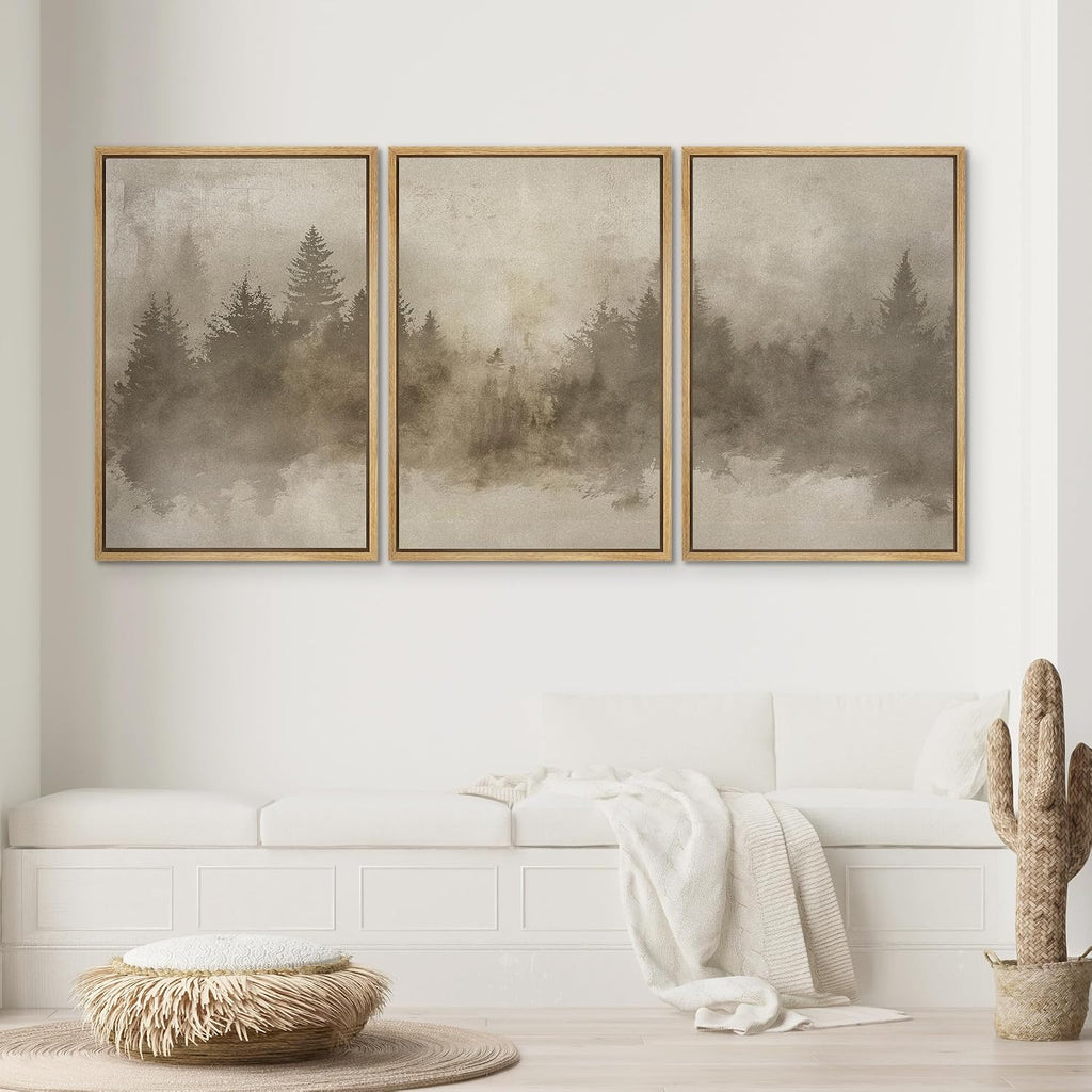SIGNWIN Framed Canvas Print Wall Art Set Misty Forest Landscape in Sepia Tones Illustrations Modern Bohemian Scenic Colorful Ultra for Living Room, Bedroom, Office - 24'x36'x3 Natural