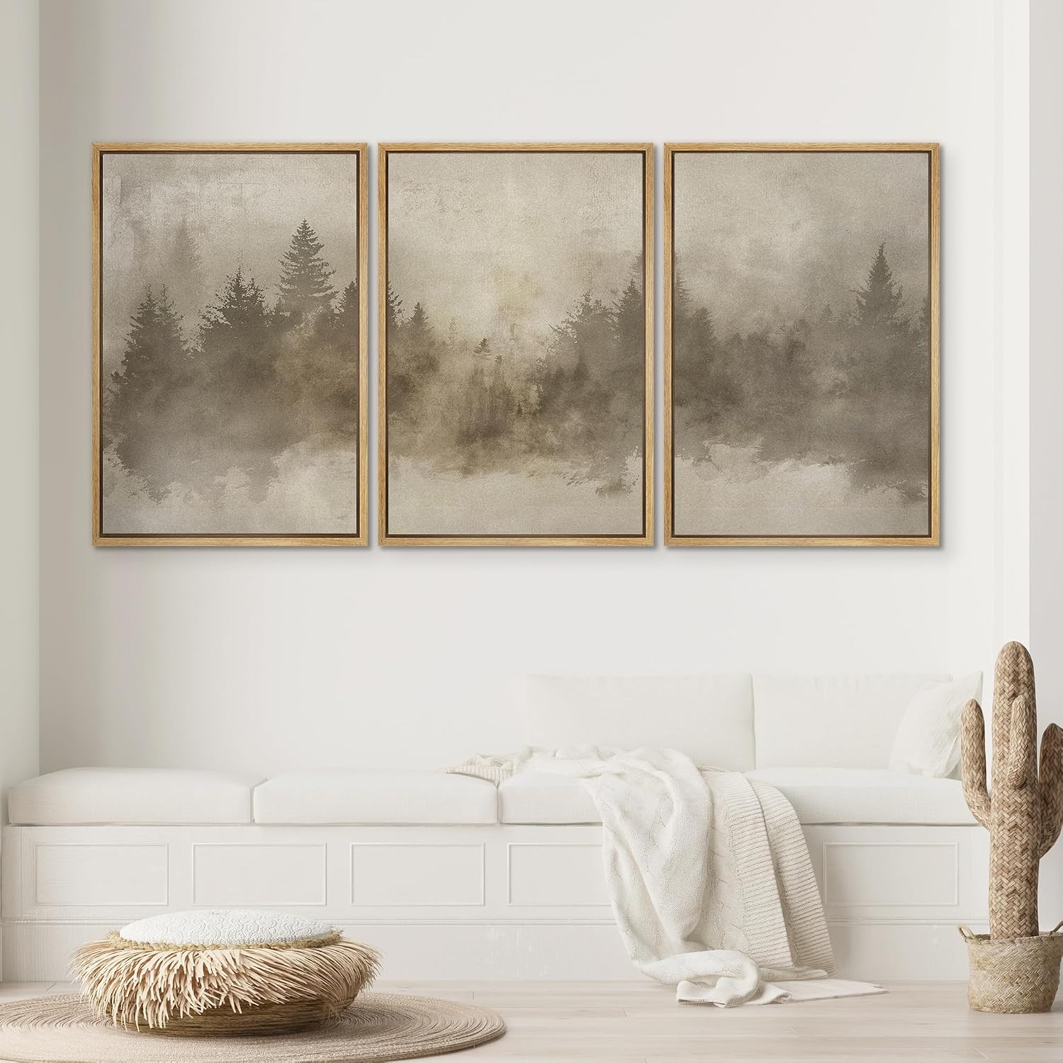 SIGNWIN Framed Canvas Print Wall Art Set Misty Forest Landscape in Sepia Tones Illustrations Modern Bohemian Scenic Colorful Ultra for Living Room, Bedroom, Office - 24'x36'x3 Natural