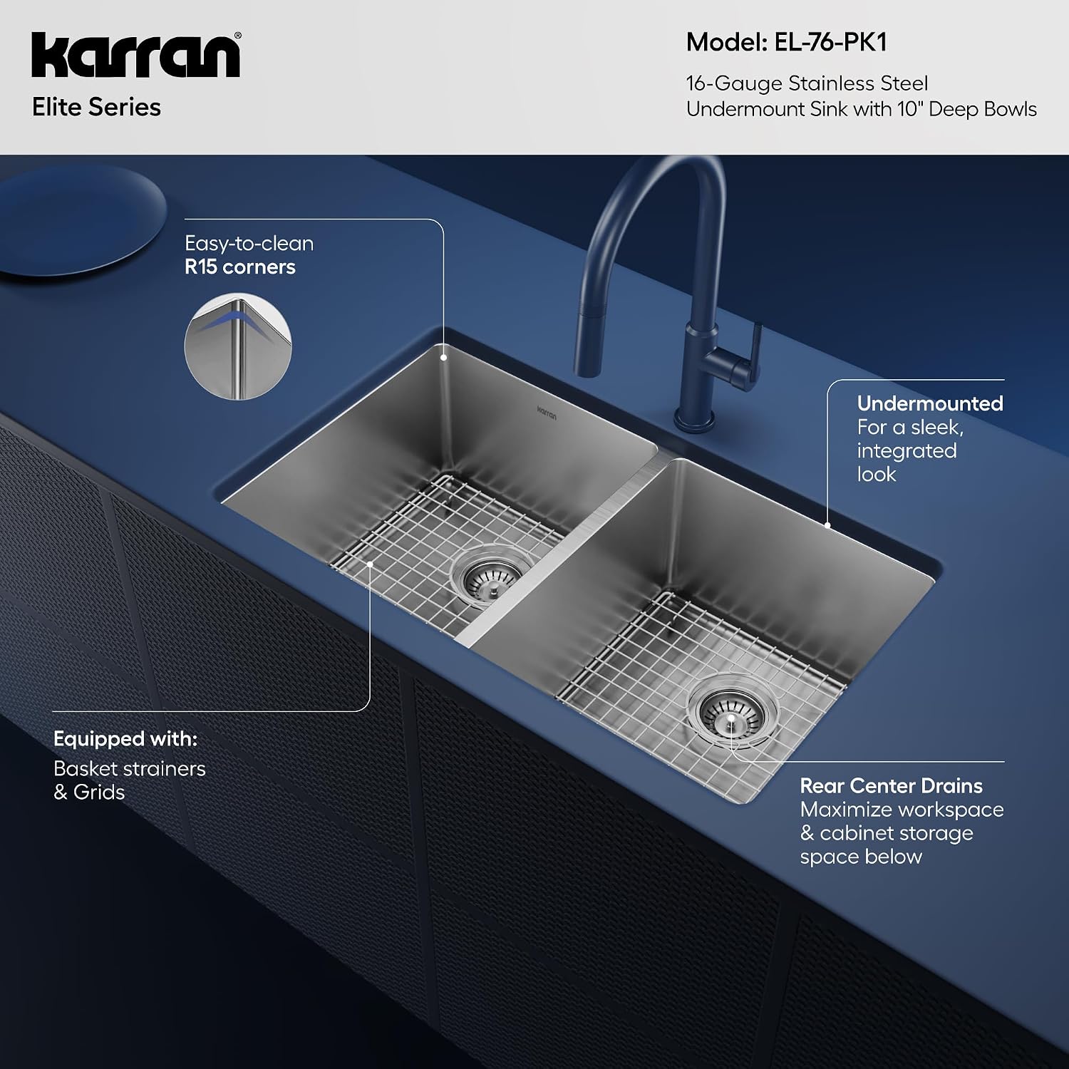 Karran Elite 32-Inch Undermount 16 Gauge Stainless Steel Double Bowl Kitchen Sink with Accessories, 50/50 Equal Bowls, Satin Finish, Sound Dampening