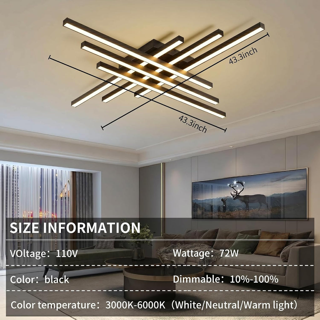 Modern LED Ceiling Lights 43.3' Black Flush Mount Ceiling Light Fixture Sputnik Dimmable Ceiling Lights with Remote Control for Bedroom Living Room Kitchen Room(6 Lights)