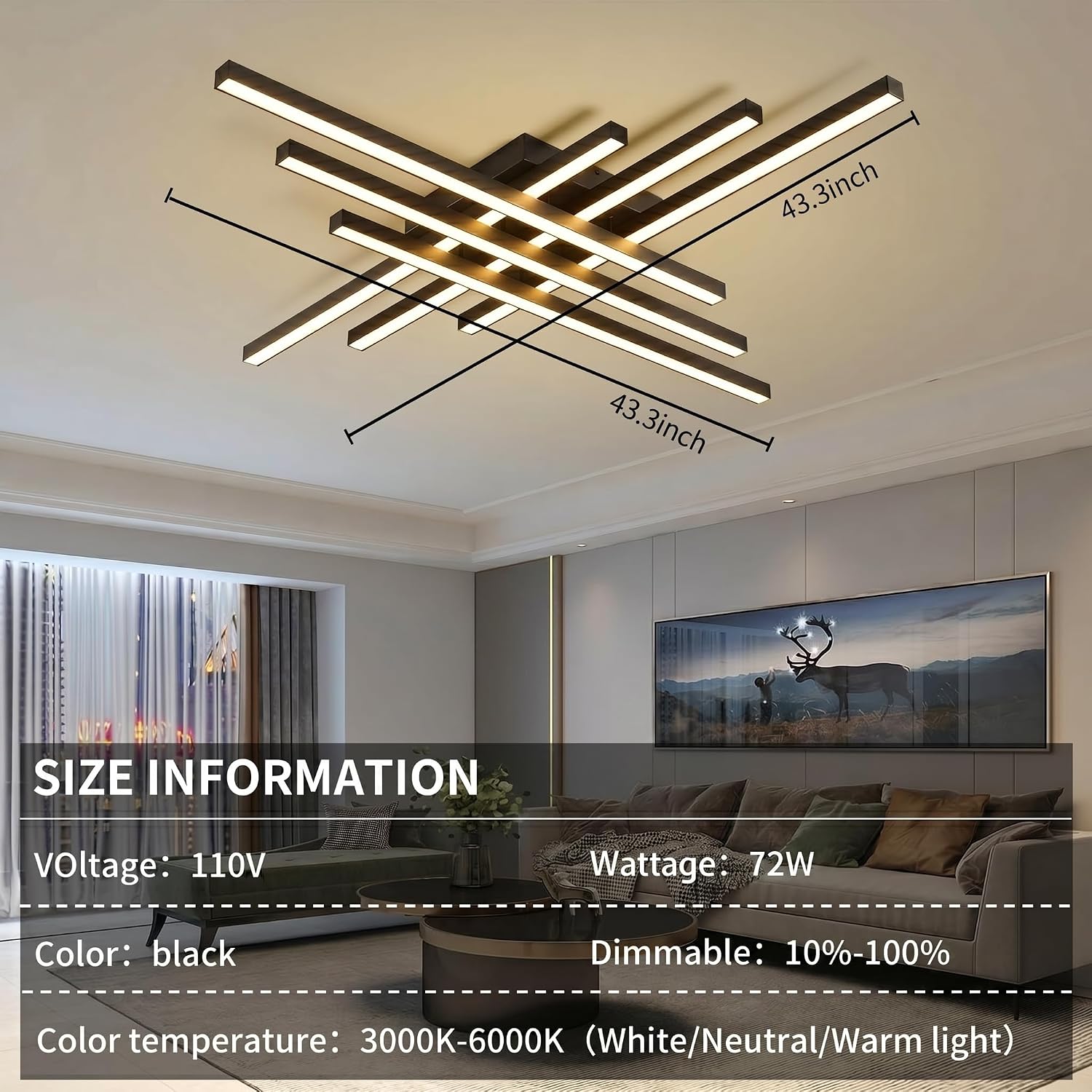 Modern LED Ceiling Lights 43.3' Black Flush Mount Ceiling Light Fixture Sputnik Dimmable Ceiling Lights with Remote Control for Bedroom Living Room Kitchen Room(6 Lights)