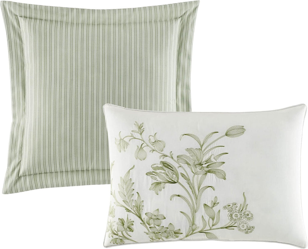 Laura Ashley Home - King Duvet Cover Set, Reversible Cotton Bedding, Includes Matching Shams with Bonus Euro Shams & Throw Pillows (Natalie Green, King)
