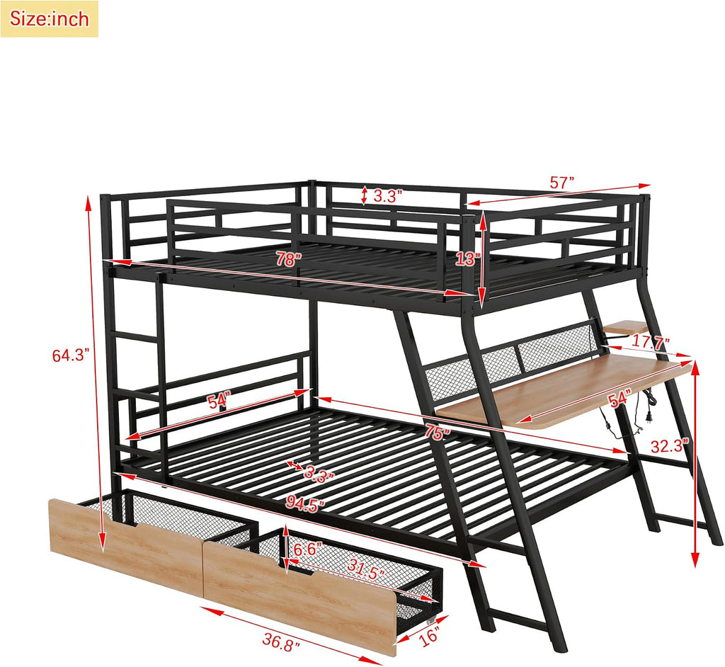 Full Size Metal Bunk Bed with Built-in Desk,Bed Frame W/Light Strip and 2 Large-Capacity Storage Drawers,for Bedroom,Apartment,Guest Room,Black