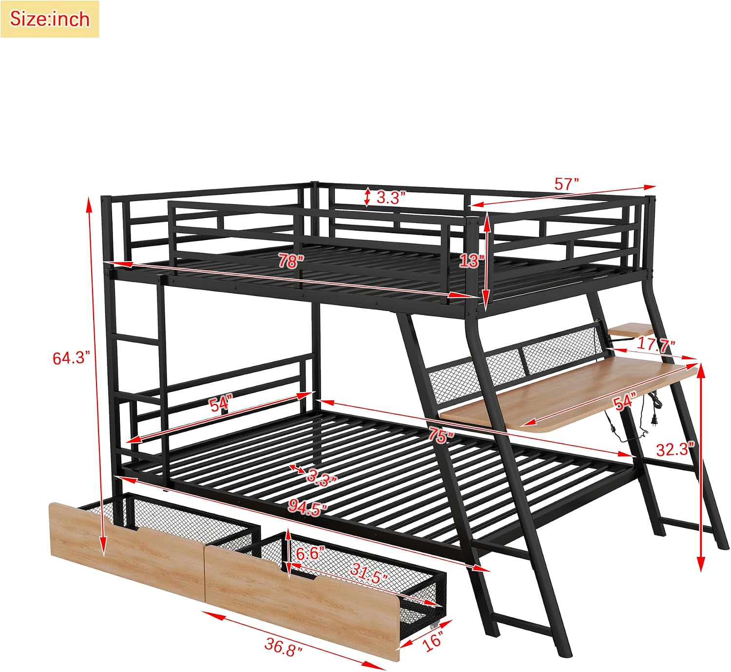 Full Size Metal Bunk Bed with Built-in Desk,Bed Frame W/Light Strip and 2 Large-Capacity Storage Drawers,for Bedroom,Apartment,Guest Room,Black