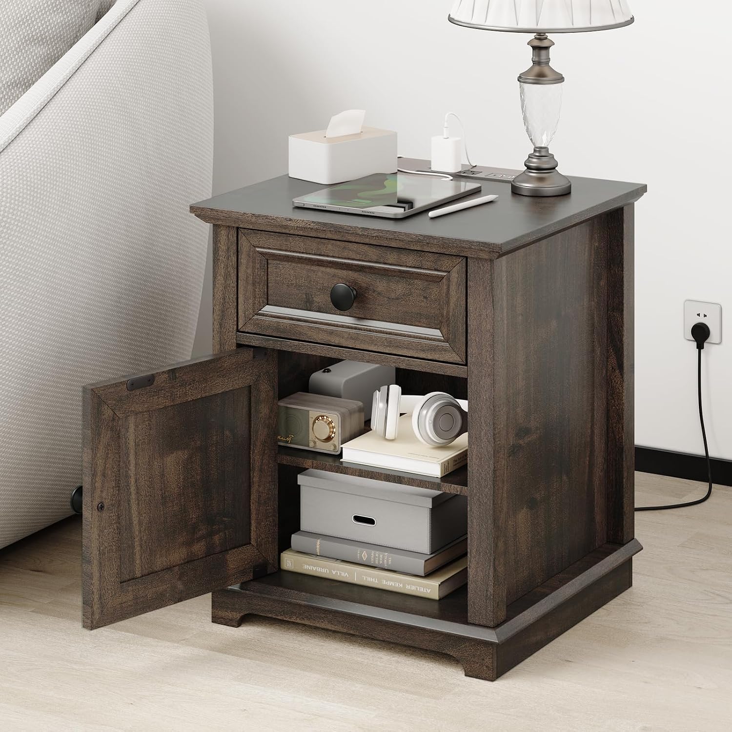 REDAYFUR End Tables with Fast-Charge Sets, Side Tables with Drawers, Storage Side Tables Living Room, Adjustable Shelf, Bedroom Nightstands Set of 2, Rustic Brown