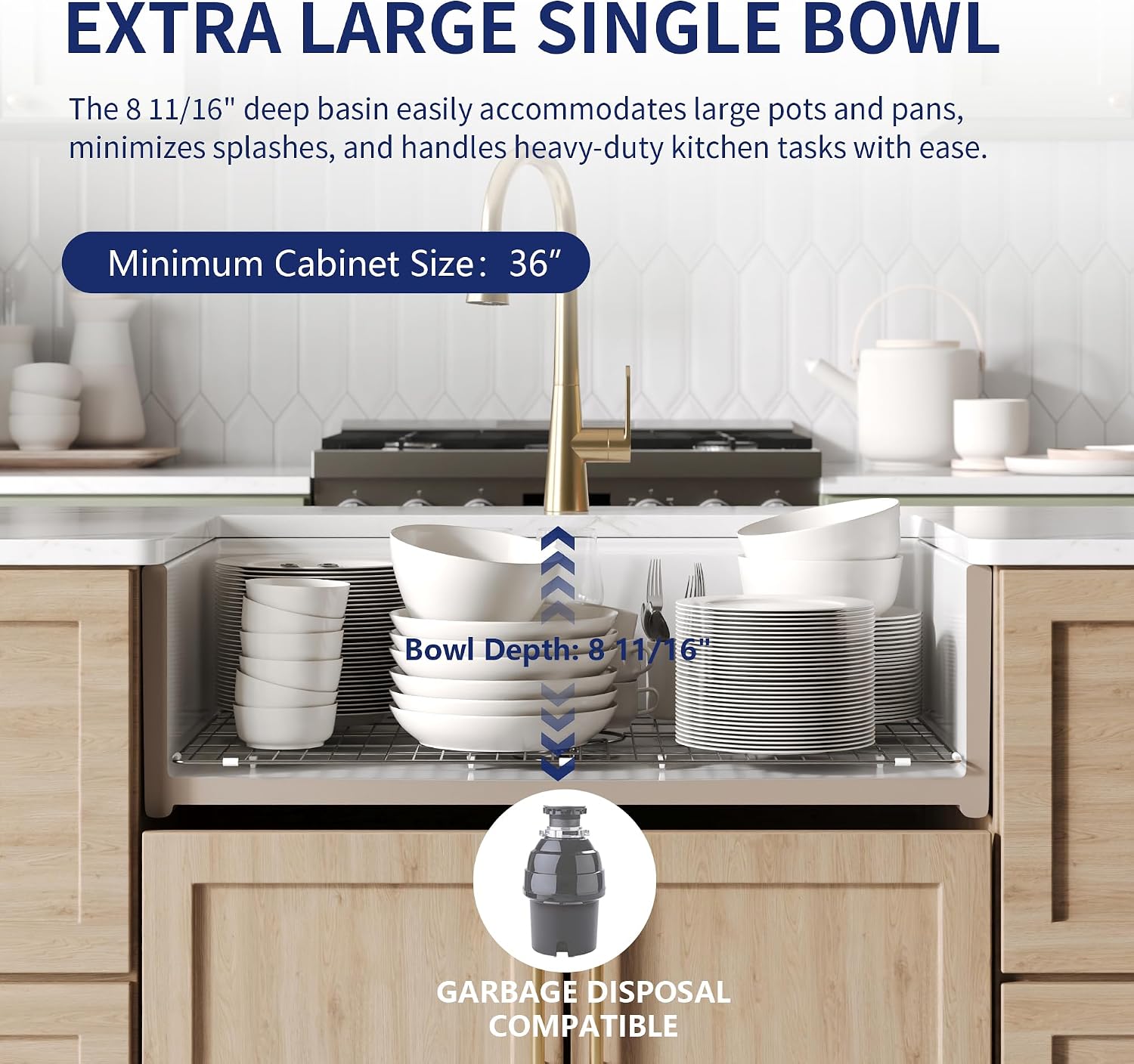 DeerValley 33' L x 20' W Farmhouse Workstation Kitchen Sink, Reversible Fireclay Deep Single Bowl Apron Front Kitchen Sink, White Undermount Farm Sink with Ledge and Accessories