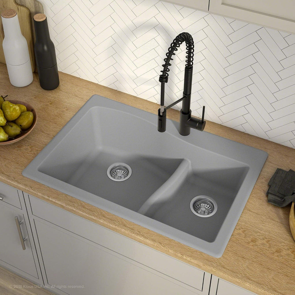 KRAUS KGD-442 Quarza 33-inch 33' Dual Mount 60/40 Double Bowl Granite Kitchen Sink in Grey