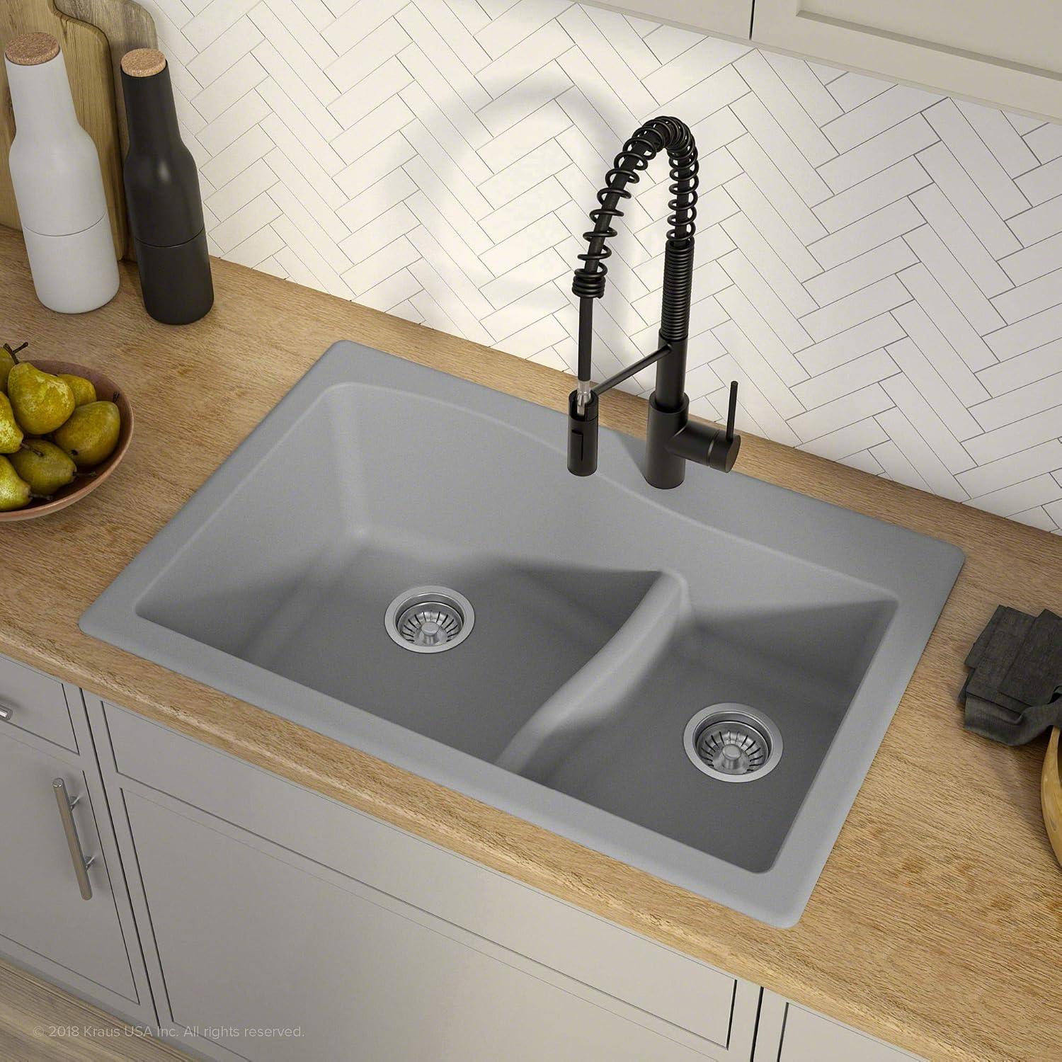 KRAUS KGD-442 Quarza 33-inch 33' Dual Mount 60/40 Double Bowl Granite Kitchen Sink in Grey