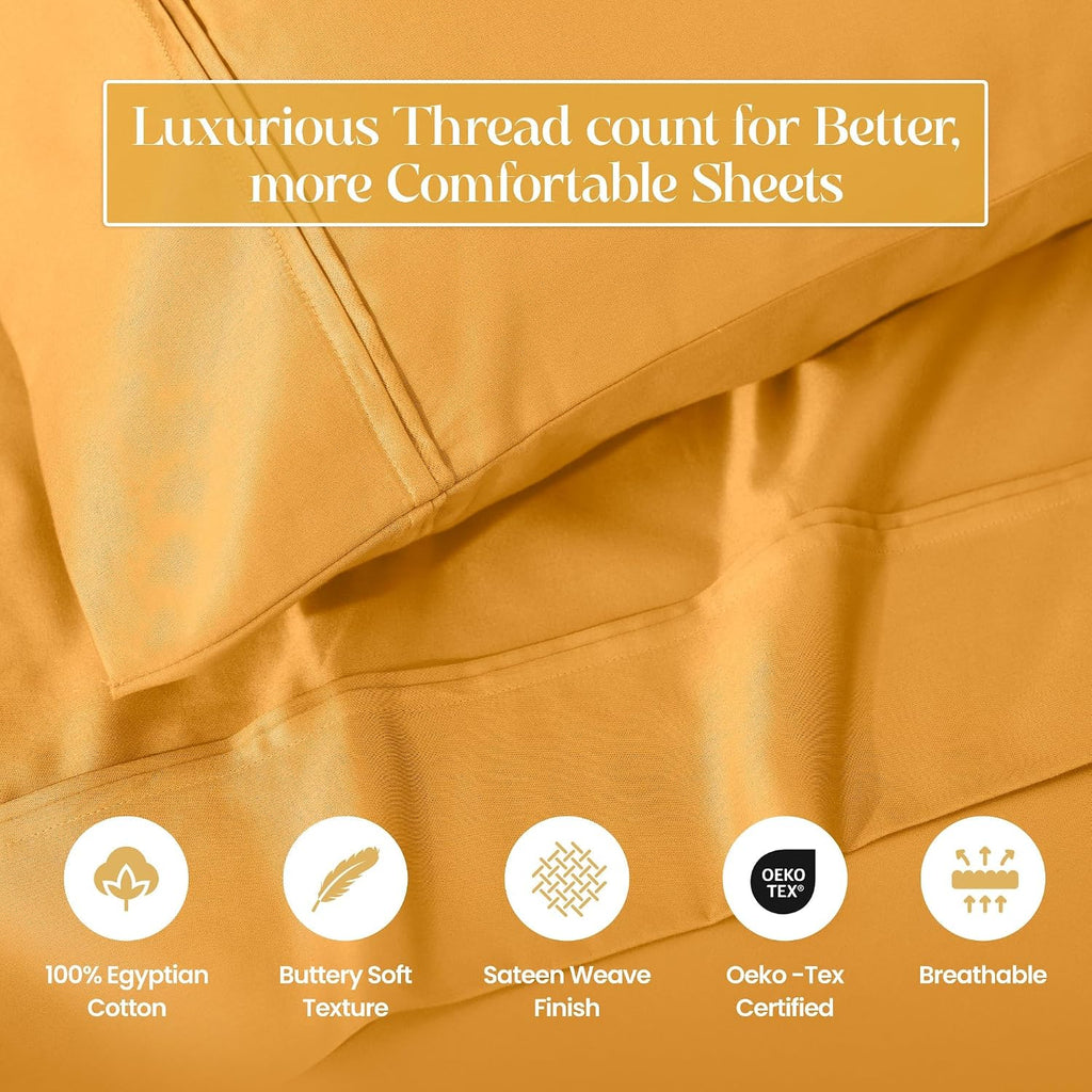 Superior 1200 Thread Count Egyptian Cotton Sheet Set, Bedroom Sheets, Modern Home Essentials, Luxury Bedding, 1 Elastic Deep Pocket Fitted Bed Sheet, 1 Flat Sheet, 2 Pillowcases, Queen, Dijon