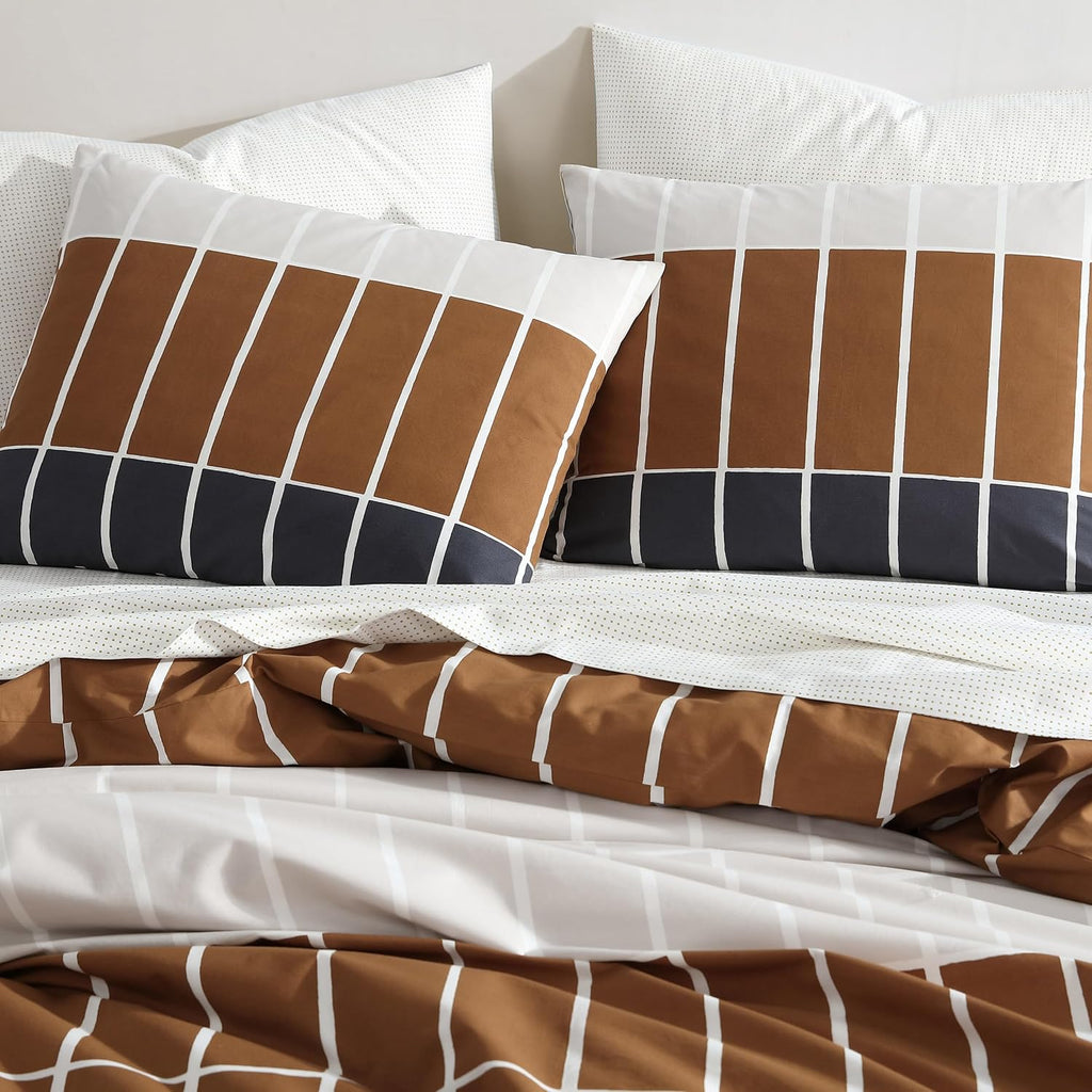 Marimekko - Queen Duvet Cover Set, Organic Cotton Bedding with Matching Shams, Modern Home Decor, GOTS Certified (Tiiliskivi Raita Charcoal, Queen)