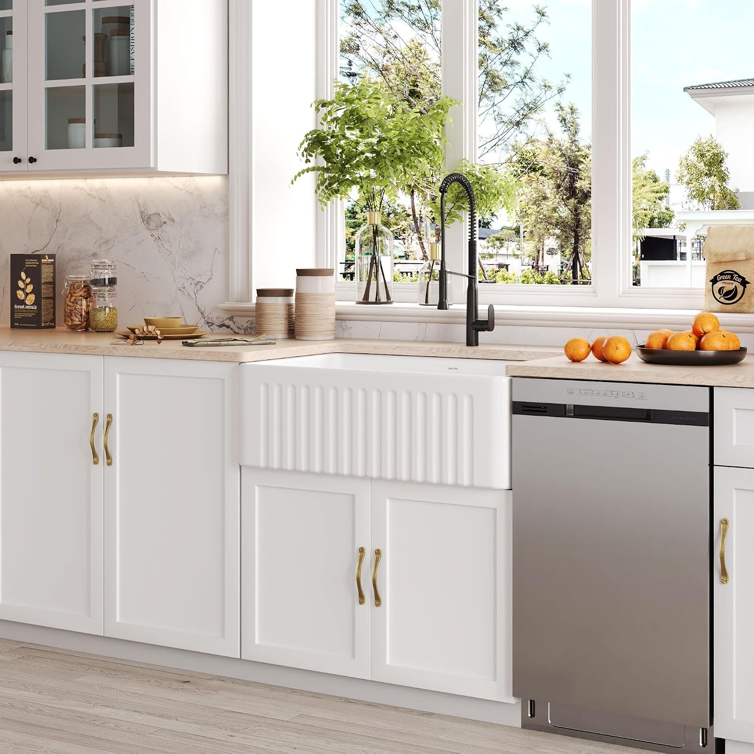 DeerValley Farmhouse Sink 30'x18' 10 inch Deep White Kitchen Sinks Fireclay Single Bowl Apron Front Lavabos de Cocina with Accessories
