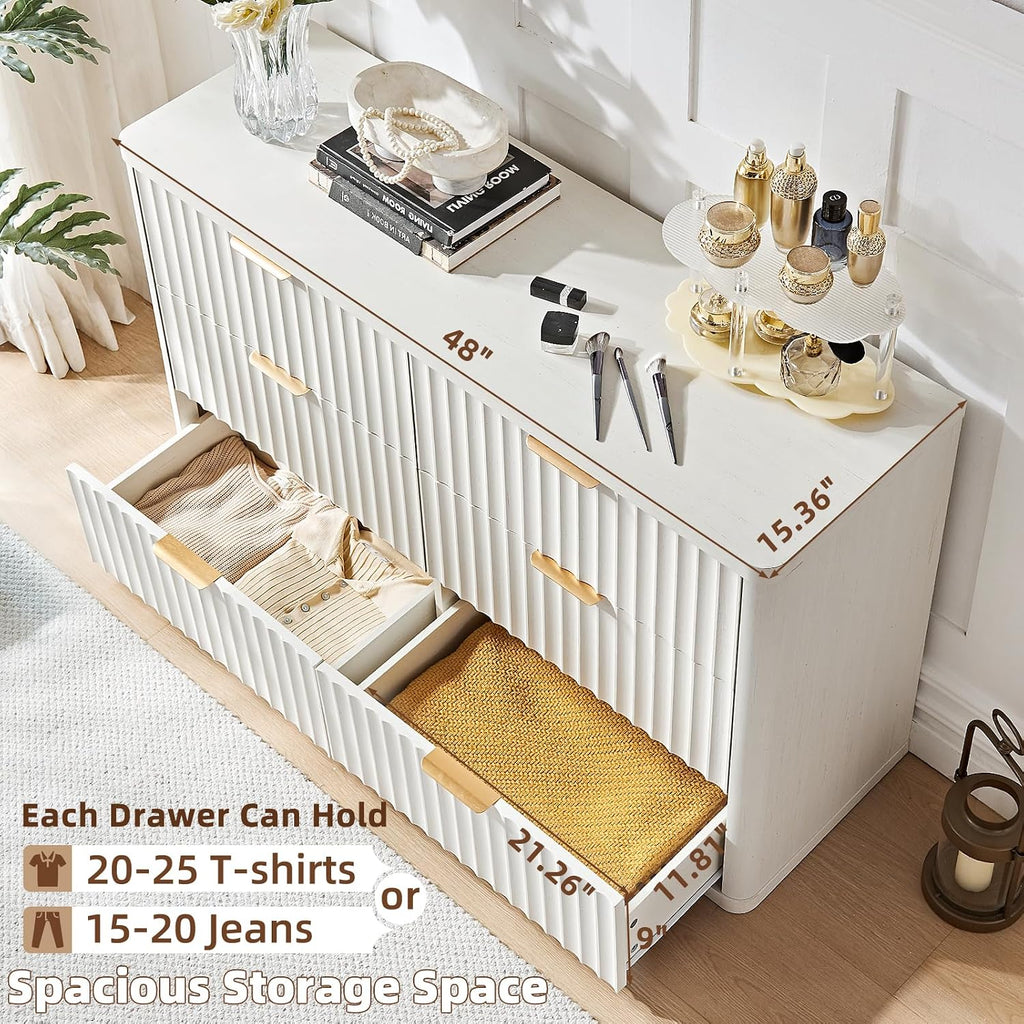 LEYAOYAO Fluted Dresser and Nightstand Sets, Wood 48' Wide Dresser & 23' Night Stand with Charging Station, 2 Piece Bedroom Furniture Set, Chest of Drawers for Bedroom,Living Room, Antique White