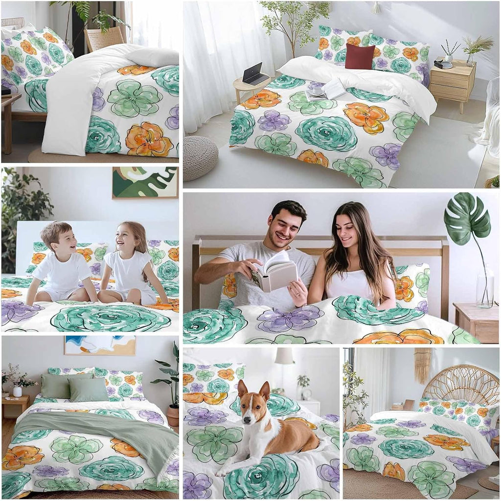 Abstraction Art Duvet Cover Set Queen Size 4 Pieces Watercolors Flowers Minimalist Lines Modern Bedding Set with Zipper Closure, 1 Comforter Cover 90x92 Inches 1 Flat Sheet & 2 Pillow Cases