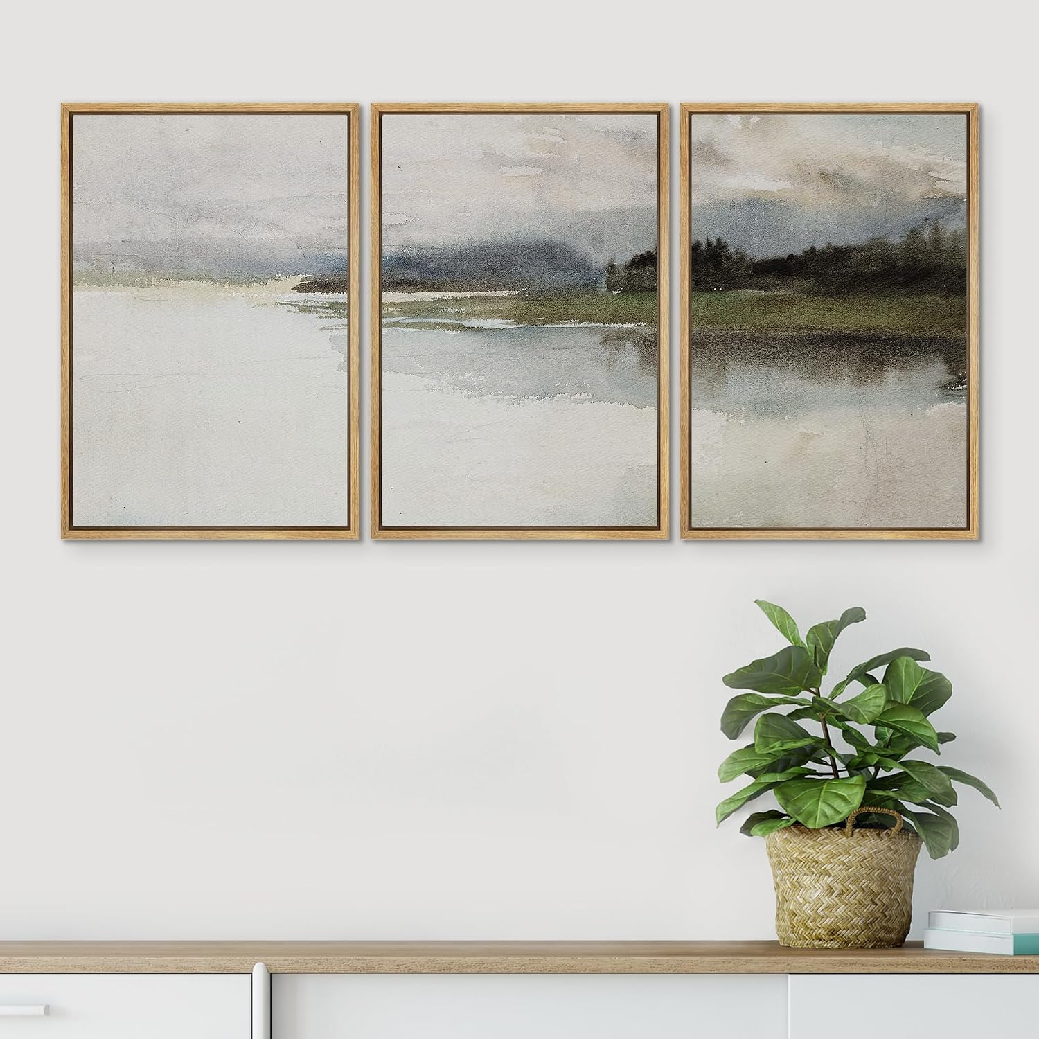 SIGNWIN Framed Canvas Print Wall Art Set Tranquil Waterscape Serene Lake Calming Watercolor Scenery Illustrations Modern Colorful Ultra for Living Room, Bedroom, Office - 24'x36'x3 Natural