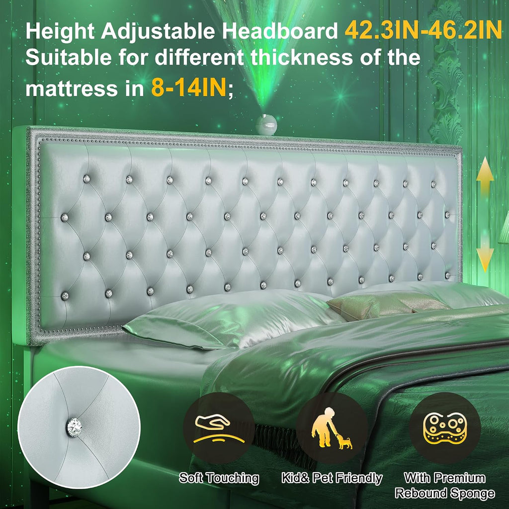 King Upholstered Platform Bed Frame with LED Headboard, Built-in Star Projector & Adjustable Headboard, No Box Spring Needed, Easy Assembly, Solid Wood Slats,Modern Bedroom Furniture, PU White