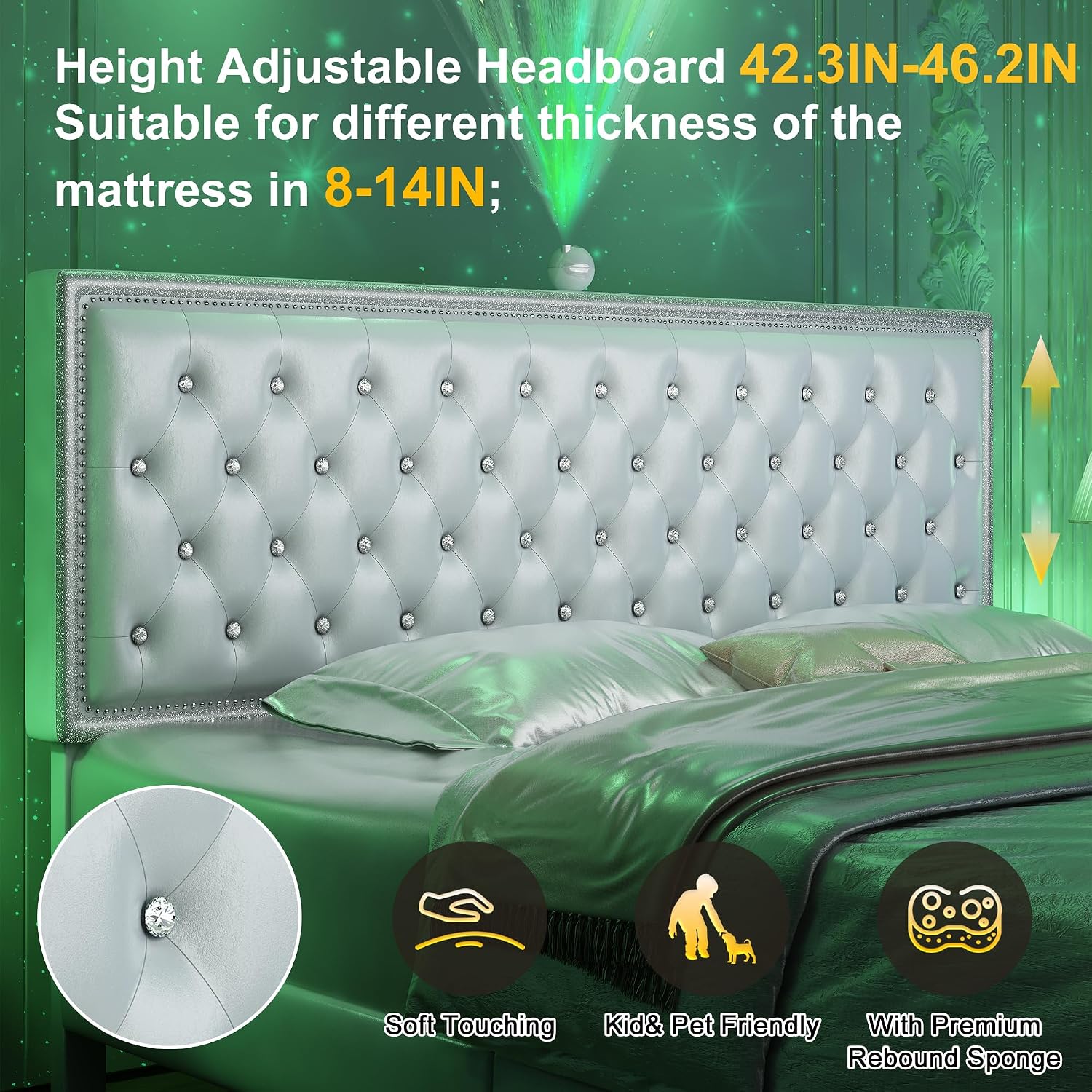 King Upholstered Platform Bed Frame with LED Headboard, Built-in Star Projector & Adjustable Headboard, No Box Spring Needed, Easy Assembly, Solid Wood Slats,Modern Bedroom Furniture, PU White