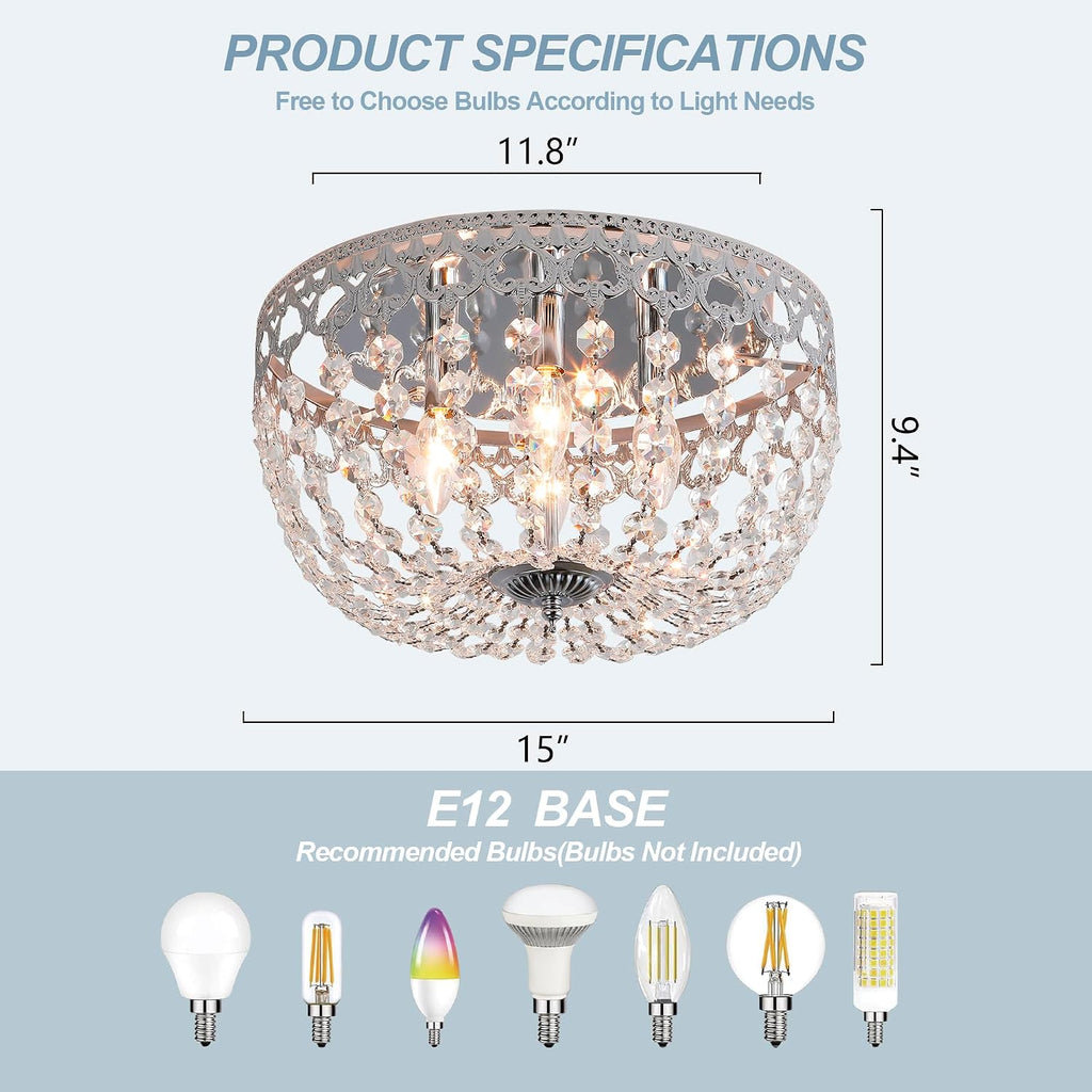 Maxax 15' Crystal Chrome Ceiling Light, 4-Lights Vintage Farmhouse Flush Mount Chandelier, Antique French Empire Ceiling Lamp, Dining Room Entrance Hallway Bedroom Kitchen Bathroom, E12 Bulbs