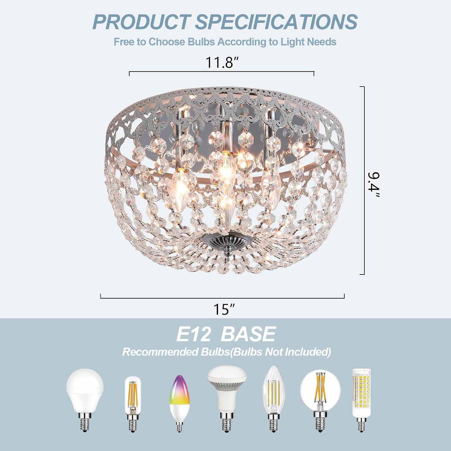 Maxax 15' Crystal Chrome Ceiling Light, 4-Lights Vintage Farmhouse Flush Mount Chandelier, Antique French Empire Ceiling Lamp, Dining Room Entrance Hallway Bedroom Kitchen Bathroom, E12 Bulbs