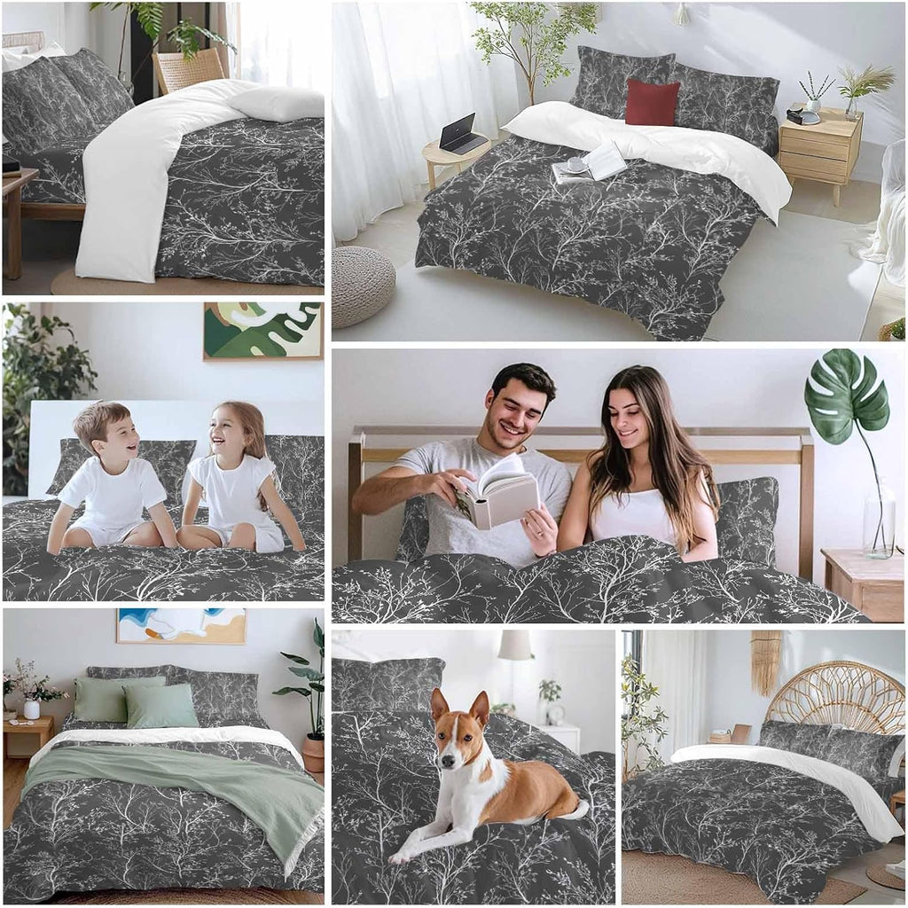 Dark Grey Duvet Cover Set Queen Size 4 Pieces White Tree Branch Botanical Abstract Plant Leaves Bedding Set with Zipper Closure, 1 Comforter Cover 92x106 Inches 1 Flat Sheet & 2 Pillow Cases