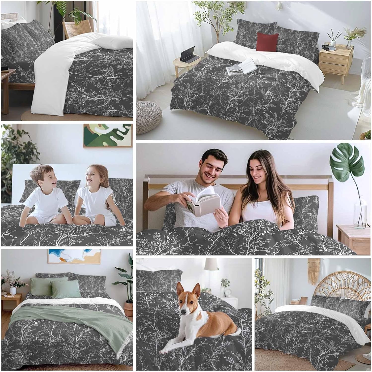 Dark Grey Duvet Cover Set Queen Size 4 Pieces White Tree Branch Botanical Abstract Plant Leaves Bedding Set with Zipper Closure, 1 Comforter Cover 92x106 Inches 1 Flat Sheet & 2 Pillow Cases