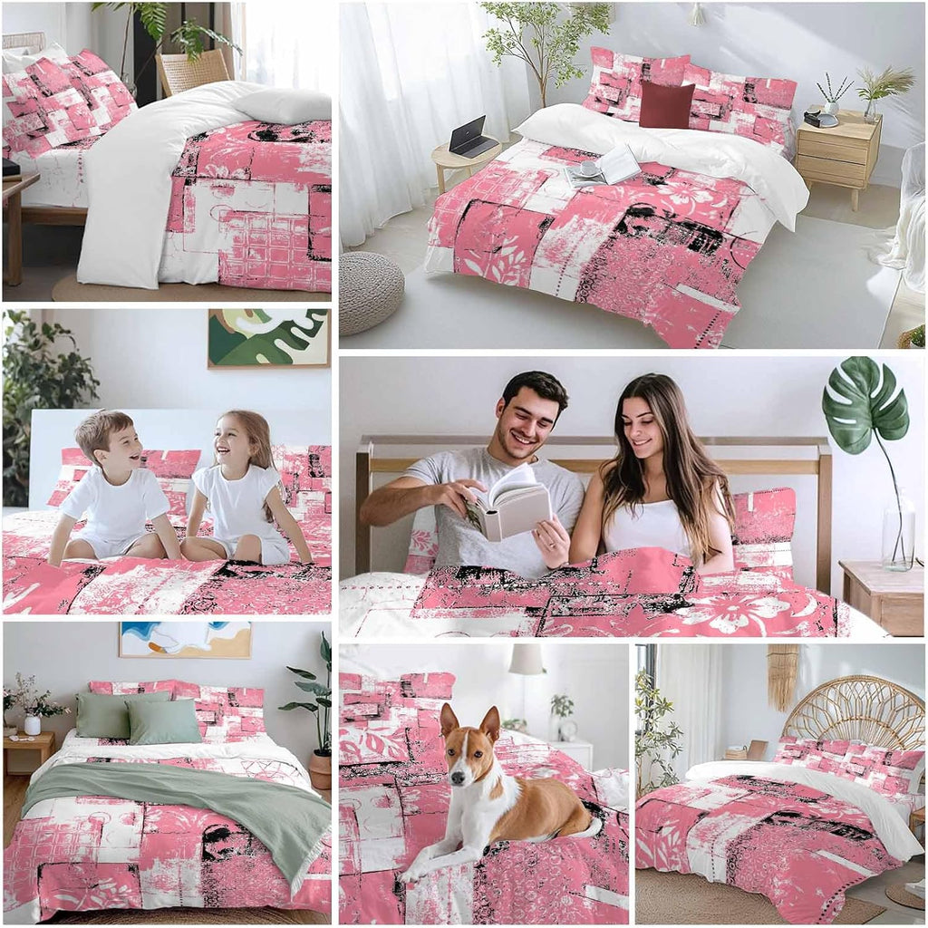 Modern Boho Duvet Cover Set Queen Size 4 Pieces Flower Geometric Texture Pink White Abstract Art Bedding Set with Zipper Closure, 1 Comforter Cover 92x106 Inches 1 Flat Sheet & 2 Pillow Cases