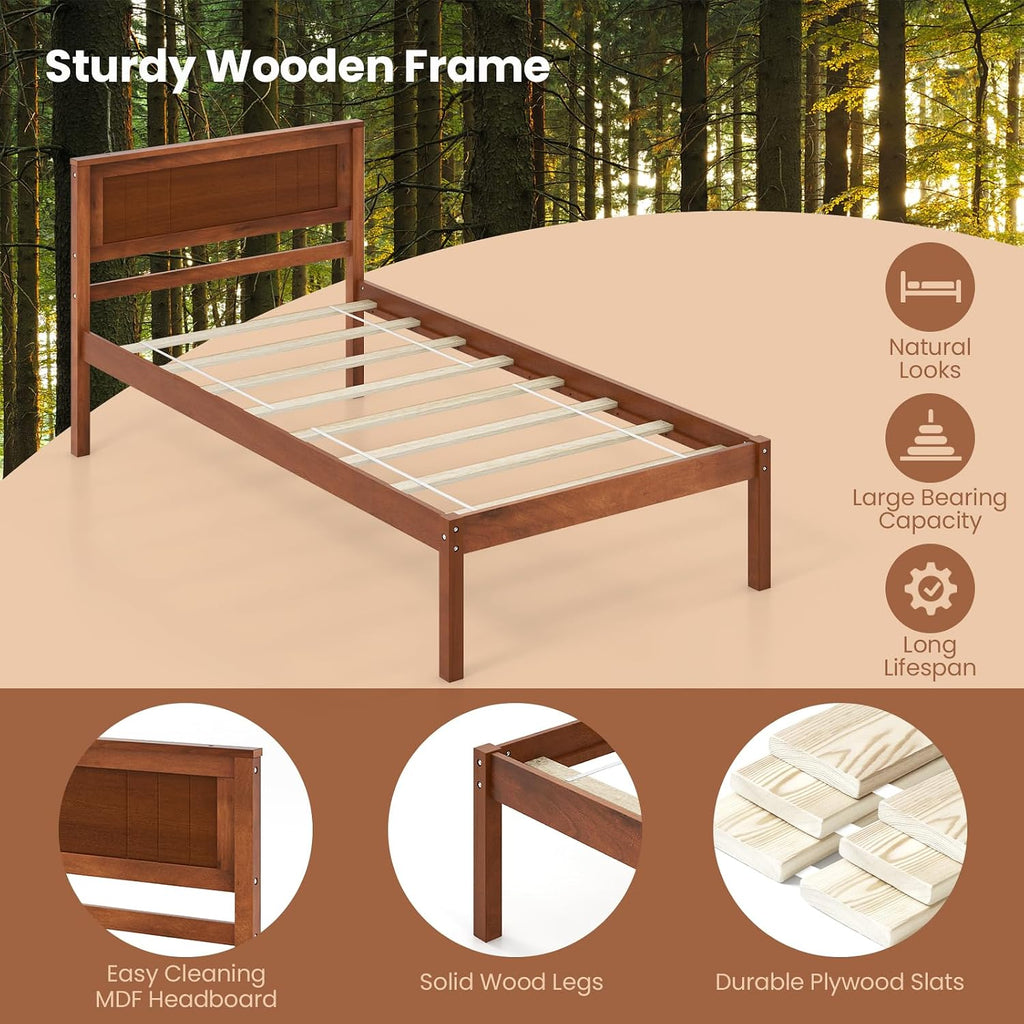 Giantex Twin Bed Frames with Headboard, Solid Wood Platform Bed with Wood Slat Support, Single Bed with 16' Under Bed Storage, Twin Bed Frames for Kids Adults Guests, Easy Assembly, Walnut