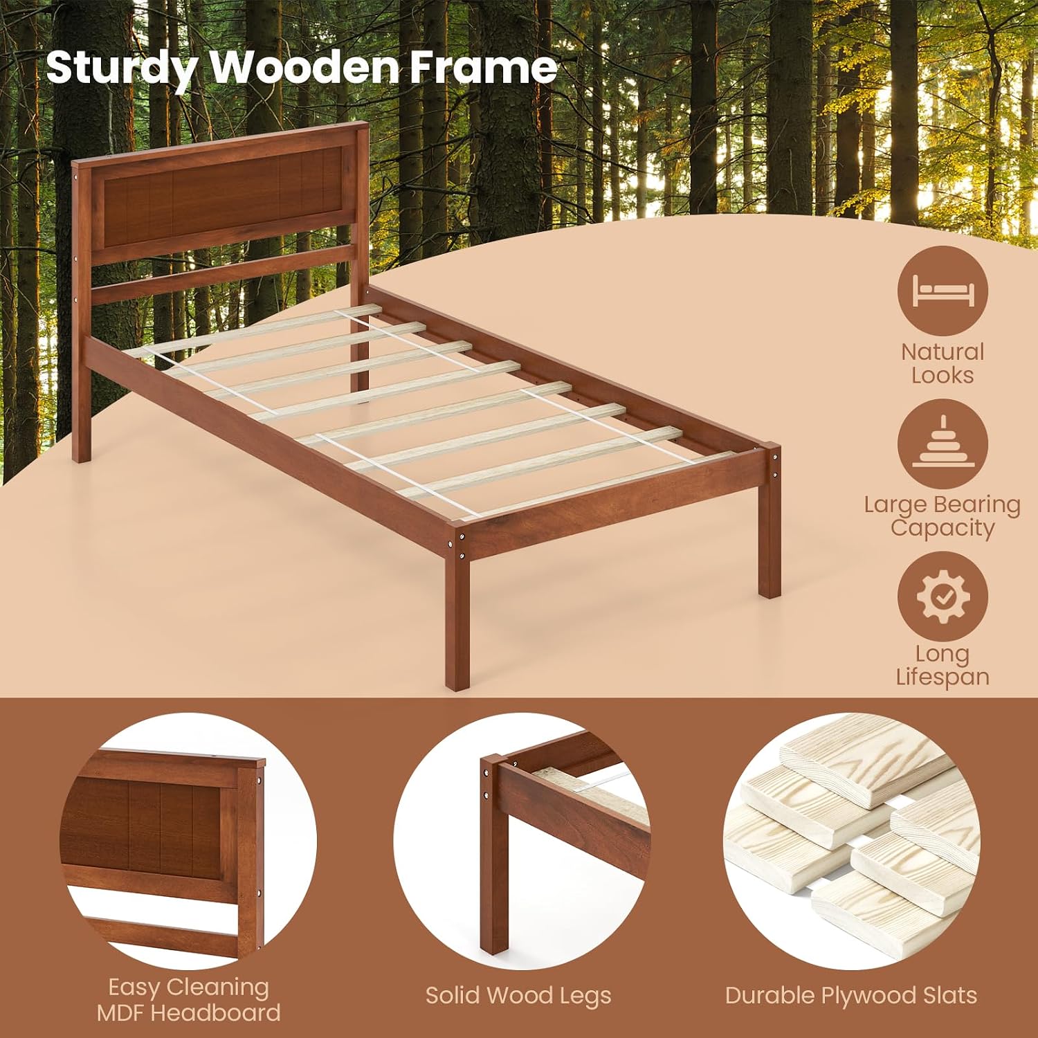 Giantex Twin Bed Frames with Headboard, Solid Wood Platform Bed with Wood Slat Support, Single Bed with 16' Under Bed Storage, Twin Bed Frames for Kids Adults Guests, Easy Assembly, Walnut