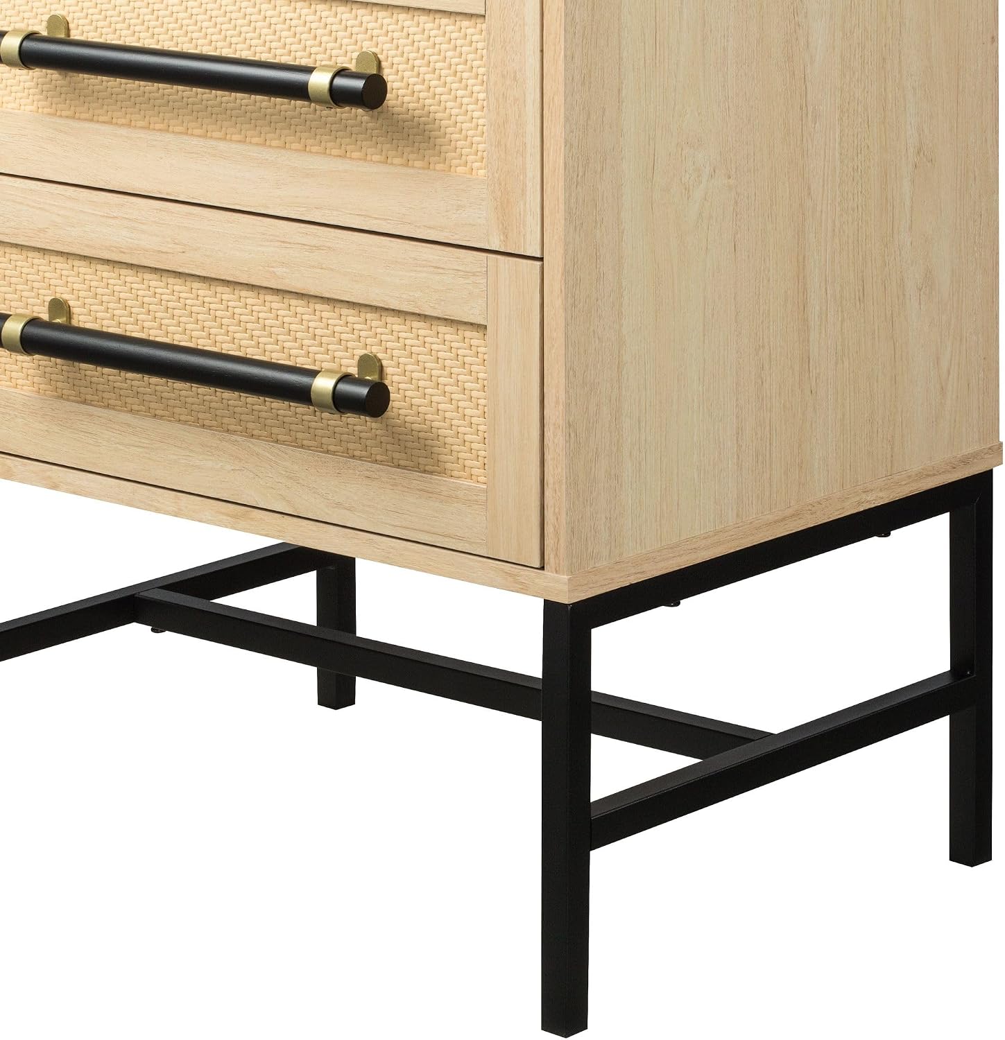 Sophia 2-Drawer Nightstand in Natural Oak Look with Rattan Panels and Minimalist Black Metal Frame- Perfect Bedroom Storage for Small Spaces, Large Suites, or Living Rooms
