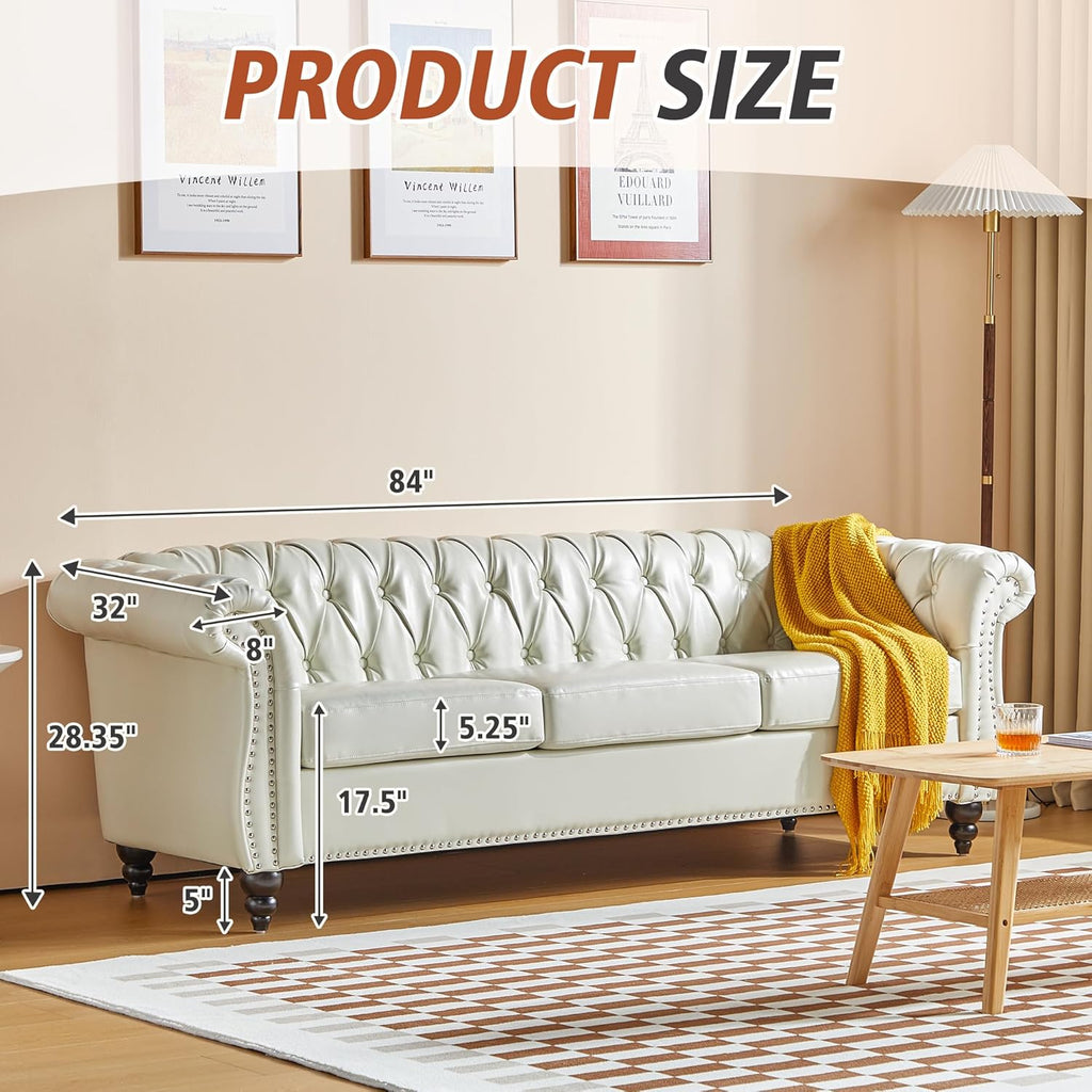 QHITTY 3 Piece Living Room Set, Sectional Chesterfield Sofa Chair Contemporary Upholstered Artificial Leather Loveseat Couch Sets for Living Room, Bedroom, Office (White)
