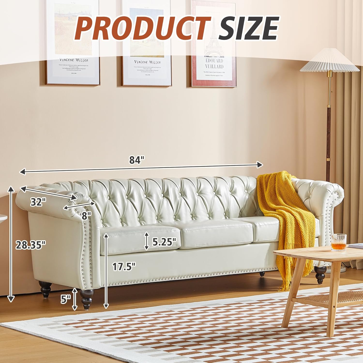 QHITTY 3 Piece Living Room Set, Sectional Chesterfield Sofa Chair Contemporary Upholstered Artificial Leather Loveseat Couch Sets for Living Room, Bedroom, Office (White)