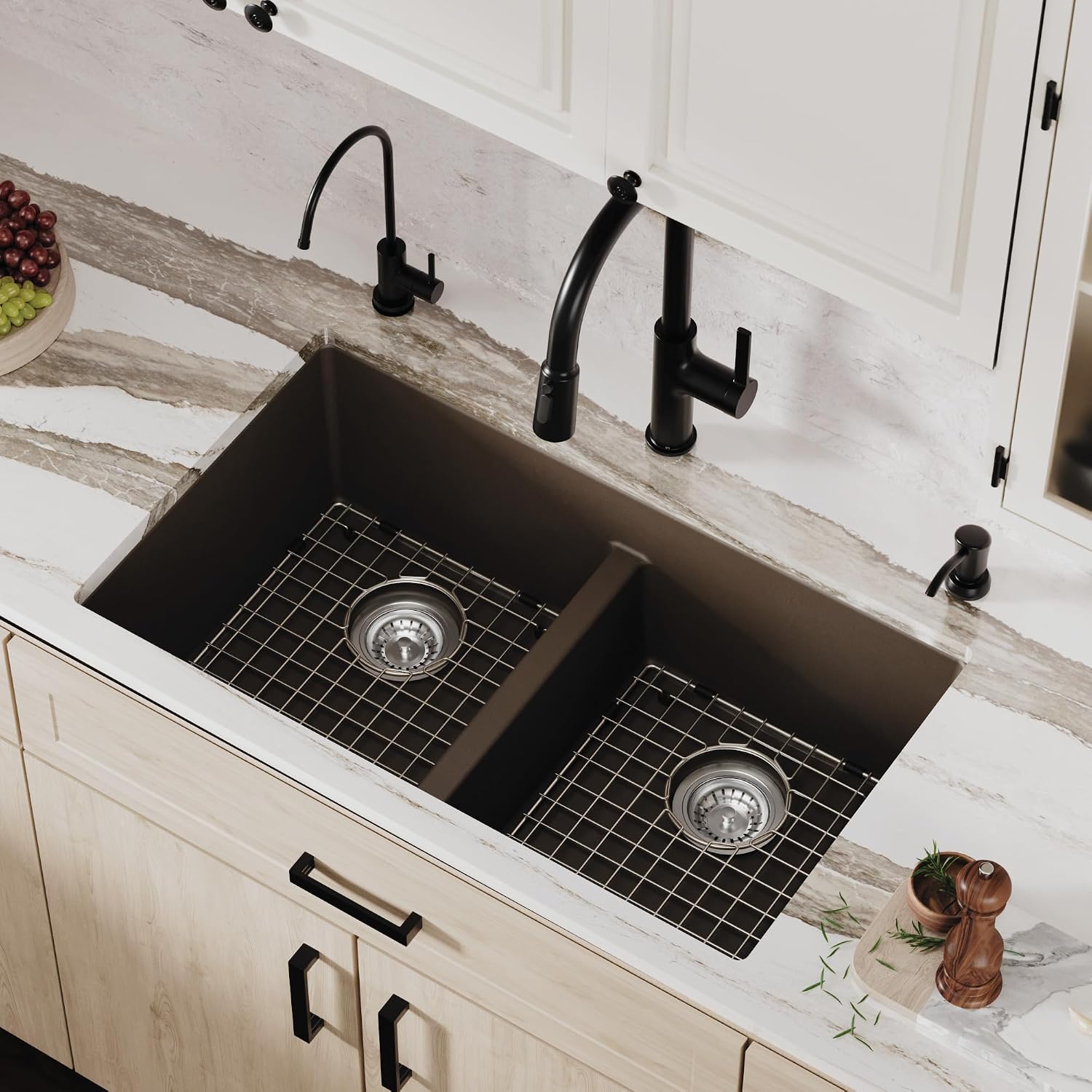 Karran QU-810 32' Undermount Double Equal Bowl Quartz Kitchen Sink Kit in Brown