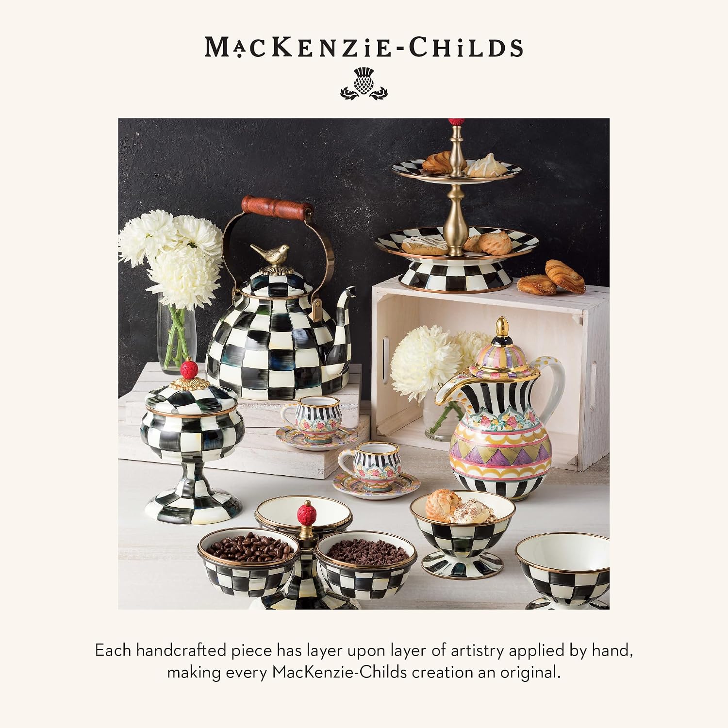 MACKENZIE-CHILDS Enamel Creamer and Sugar-Bowl Set, Cream Dispenser and Sugar Holder, Unique Kitchen Decor, Black-and-White Courtly Check