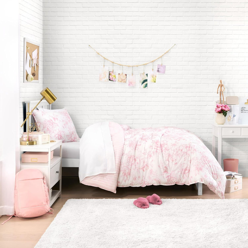 Laura Ashley - Twin/Twin XL Bedding Bundle, Reversible Comforter with Matching Pillowcases & Cotton Percale Sheet Set, Floral Bedding with a Crisp & Cool Feel (Pink)