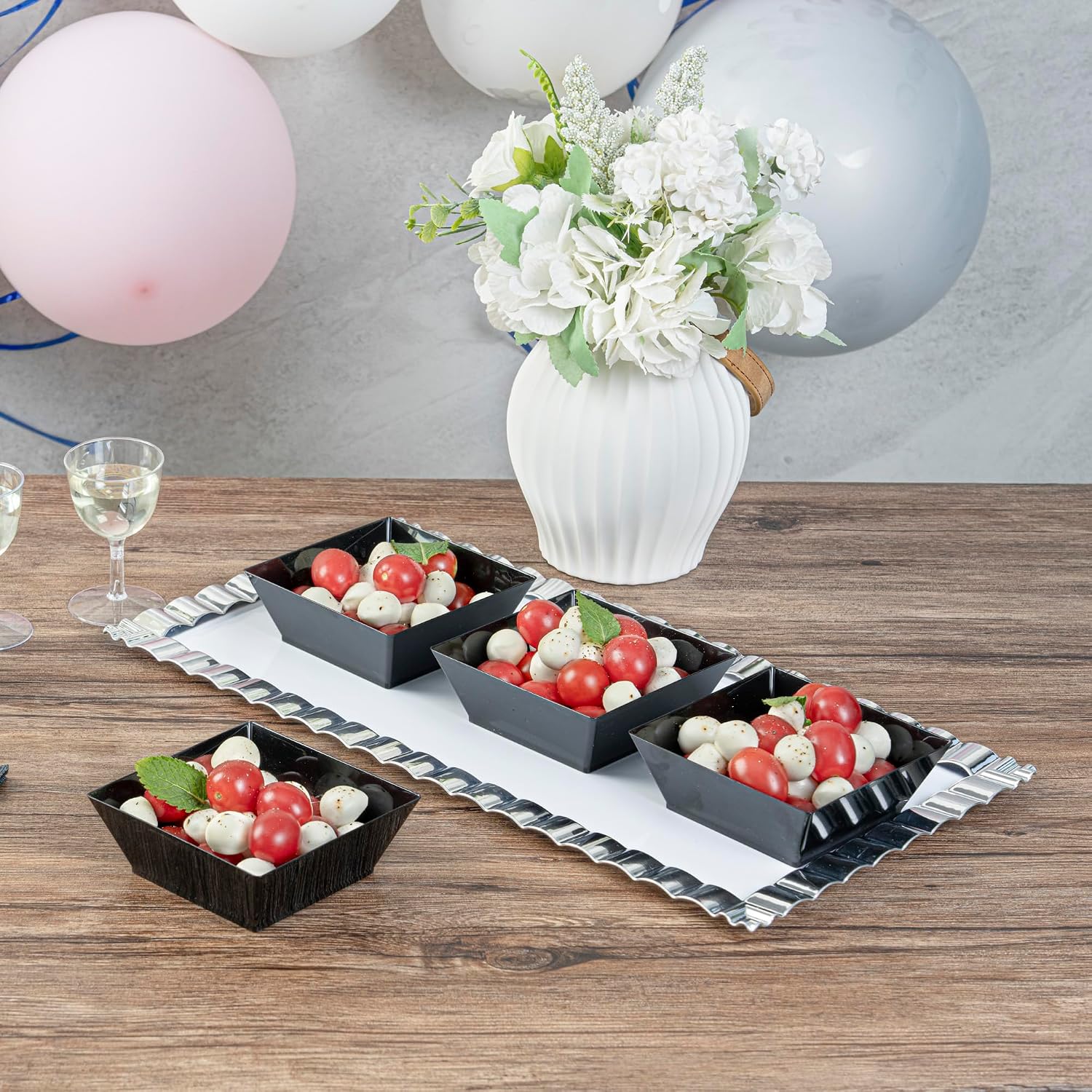 Restaurantware 10 Ounce Square Bowls 100 Disposable Serving Bowls - Heavy-Duty Premium Black Plastic Salad Bowls For Parties Catering Or Buffets Serve Desserts Chips Popcorn Or Candies