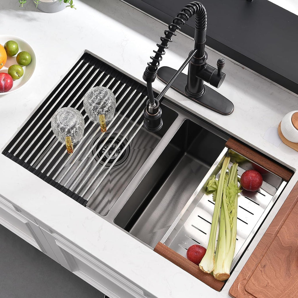 32 Inch Black Undermount Kitchen Sink Double Bowl - 32x19 Undermount Workstation Sink 16 Gauge Black Stainless Steel 10 Inch Deep Double Bowl Kitchen Sinks