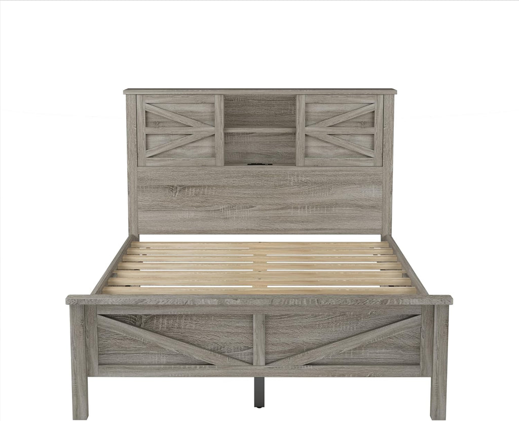3PCS Bedroom Sets, Full Size Farmhouse Platform Bed with Double Sliding Door Storage Headboard, Cabinet & Nightstand, 3PCS Bedroom Sets with USB, for Kids, Adults, Gray