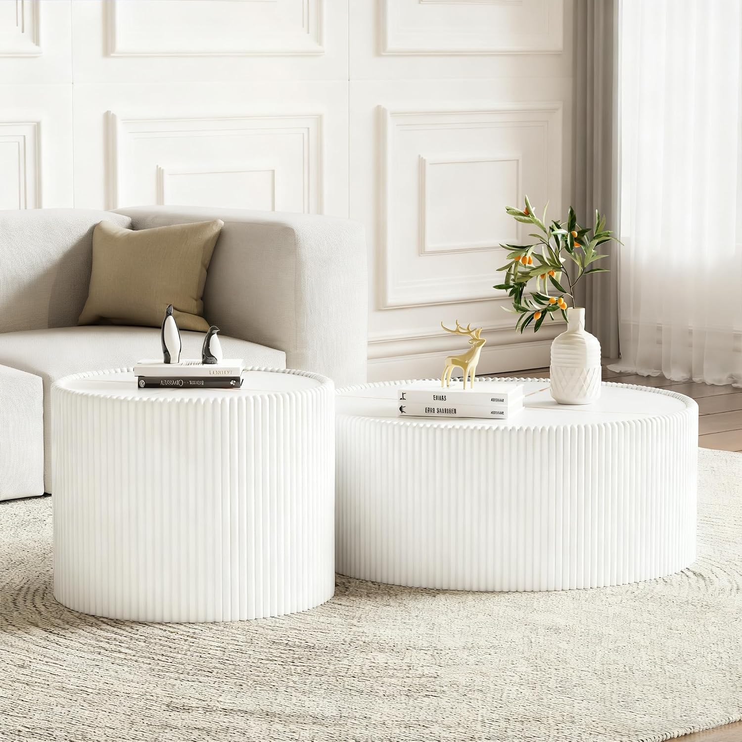 Round Coffee Table Set, 29.52' White Drum Center Table and 17.71' White Coffee Table Set, 2 Pieces Living Room Table Set with Sintered Stone Tabletop,Fluted PU Leather Covered and Stable Base