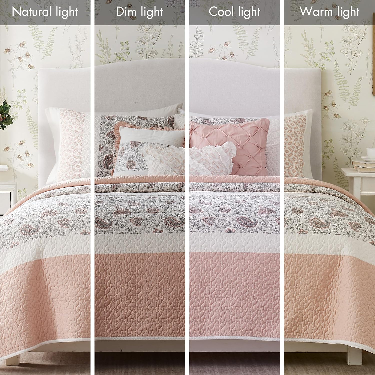 Madison Park 100% Cotton Quilt Set Floral Print, Double Sided Stitching, All Season, Lightweight Coverlet Shabby Chic Bedding Layer, Matching Shams, King/Cal King, Blush 6 Piece