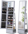 Nicetree 360° Swivel Jewelry Cabinet with Lights, Mirror Jewelry Cabinet Standing, Interior Vanity Mirror, Rotatable Full Length Mirror with Jewelry Storage, Standing Jewelry Armoire Organizer, Grey