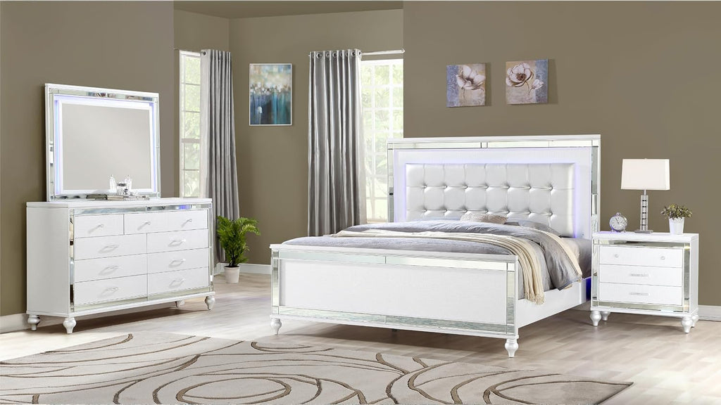 Full 4 PC LED Bedroom Set Made with Wood in White Color