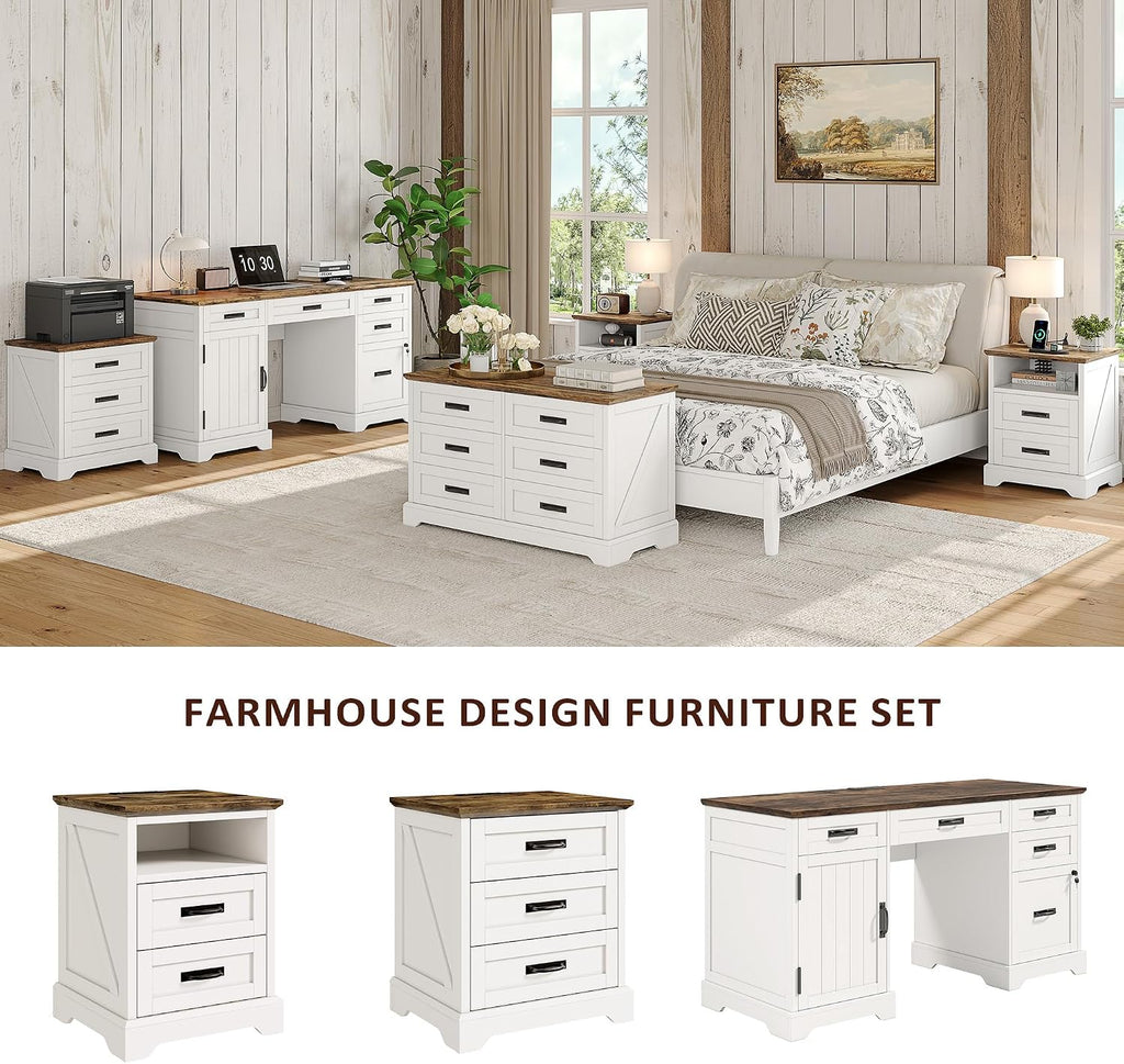 Whalefall Farmhouse Nightstand with Charging Station, 3 Drawers Bedside Table, 22 inch Wide End Table for Bedroom, White
