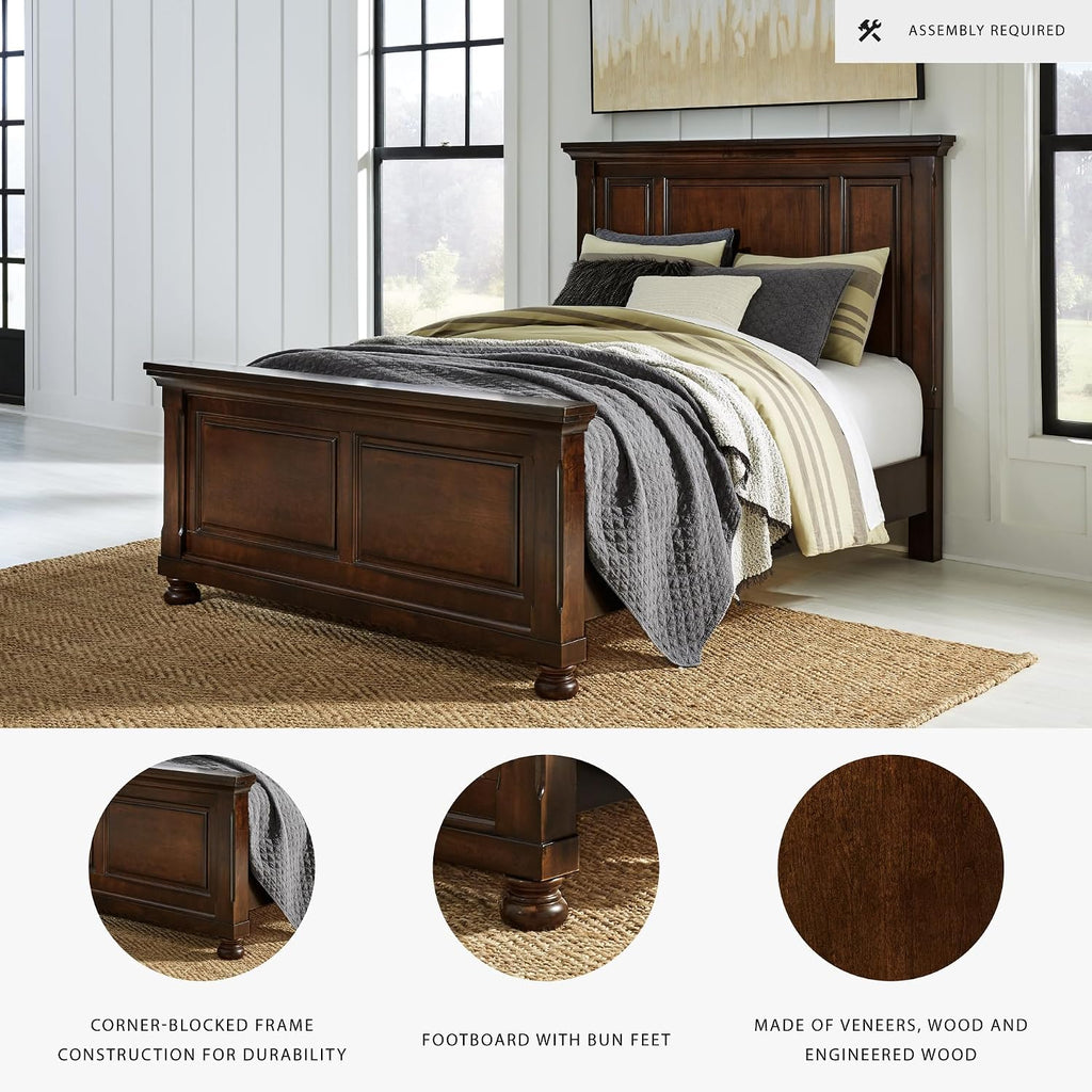 Signature Design by Ashley Porter Traditional Queen Panel Bed, Hand-Finished, Foundation or Box Spring Needed, Wood, 67.81' W x 88.25' D x 60.25' H, Dark Brown