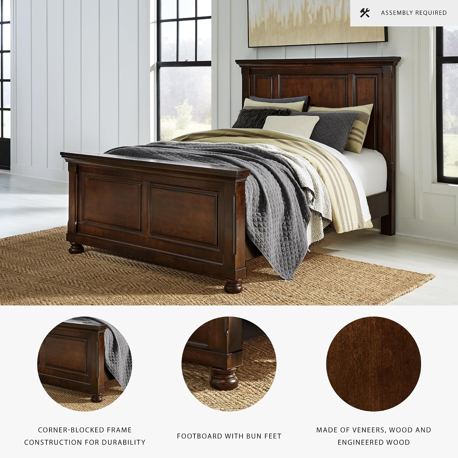 Signature Design by Ashley Porter Traditional Queen Panel Bed, Hand-Finished, Foundation or Box Spring Needed, Wood, 67.81' W x 88.25' D x 60.25' H, Dark Brown
