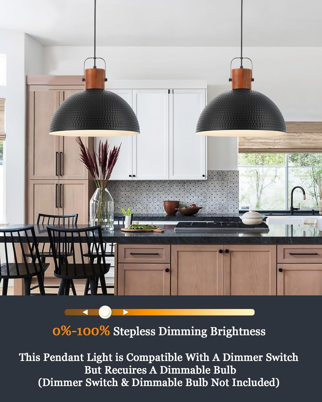 ELYONA 2 Pack Large Ash Wood Hammered Pendant Light Fixtures 16 Inch Metal Dome Ceiling Hanging Lamp, Industrial Kitchen Island Pendant Lighting for Farmhouse, Dining Room,Living Room, Black