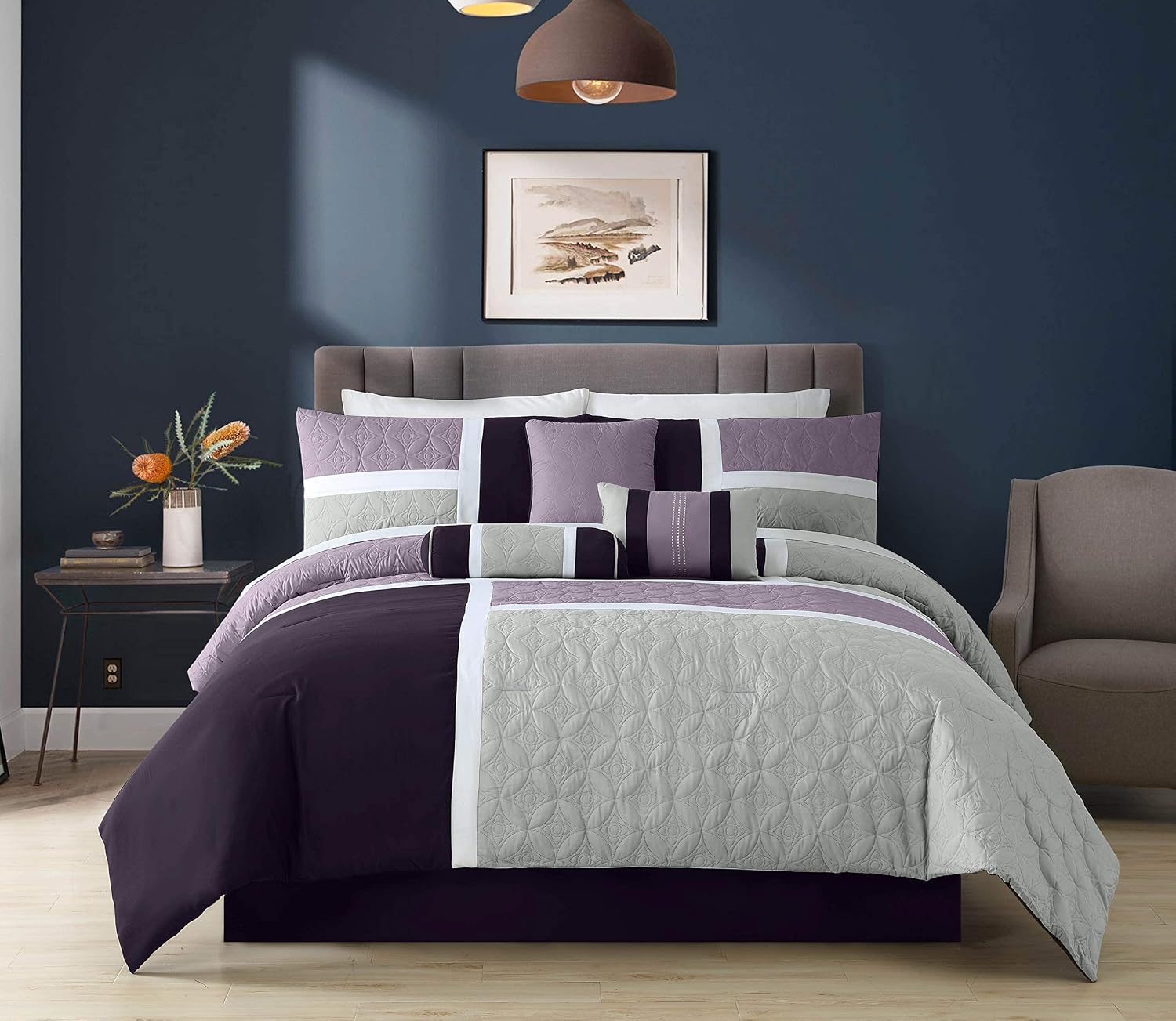 Chezmoi Collection Upland 7-Piece Quilted Patchwork Comforter Set, Lavender/Gray/Purple, Oversized King