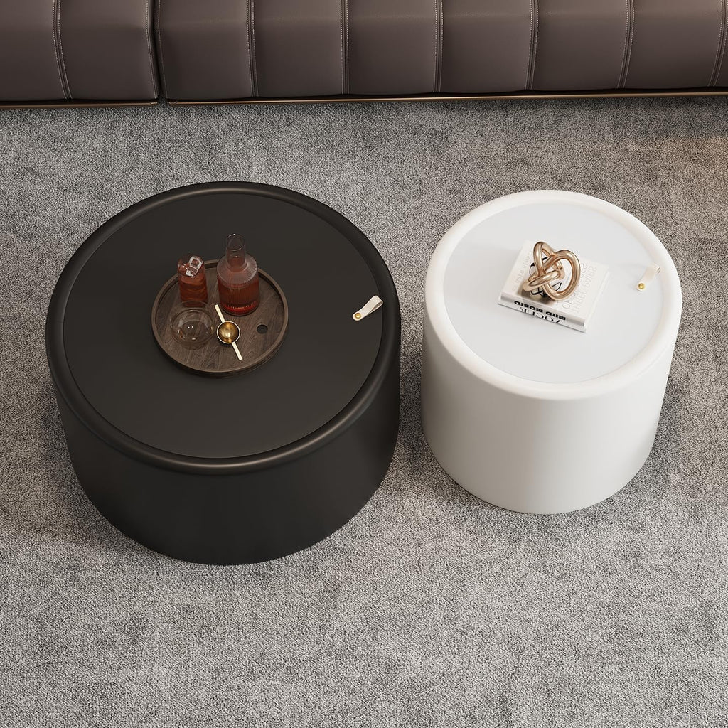 Round Living Room Table Set with Hidden Storage, 27.56' Black Drum Center Table and 19.69' White Coffee Table Set, 2 Pieces Coffee Table Set with Tempered Glass Top and PU Leather Body
