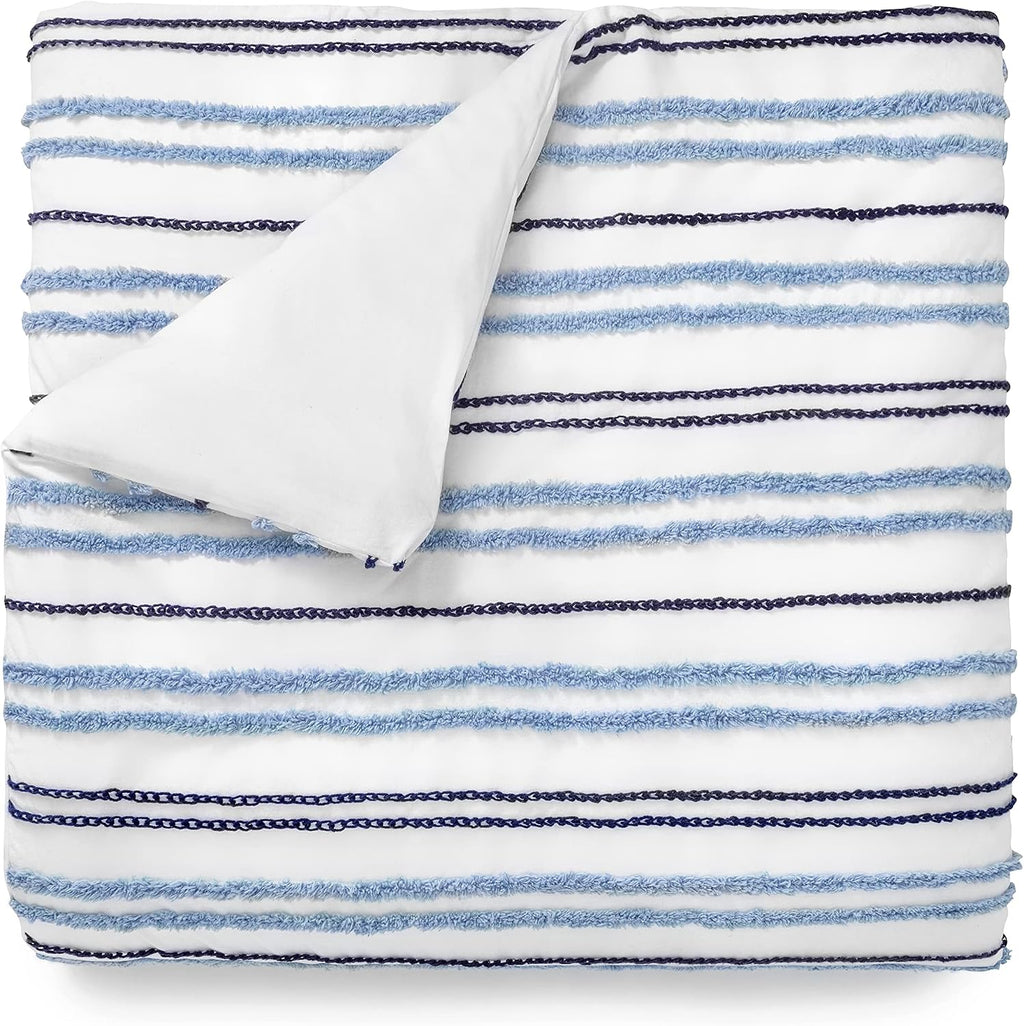 Martha Stewart - London Stripe Chenille King Size Duvet, 3 Piece Set-1 Duvet Cover, 2 Pillow Shams, Cotton-Percale, Soft, Reversible, Easy Wash, All Season 104'x92' with Button Closure, Soft Blue/Navy