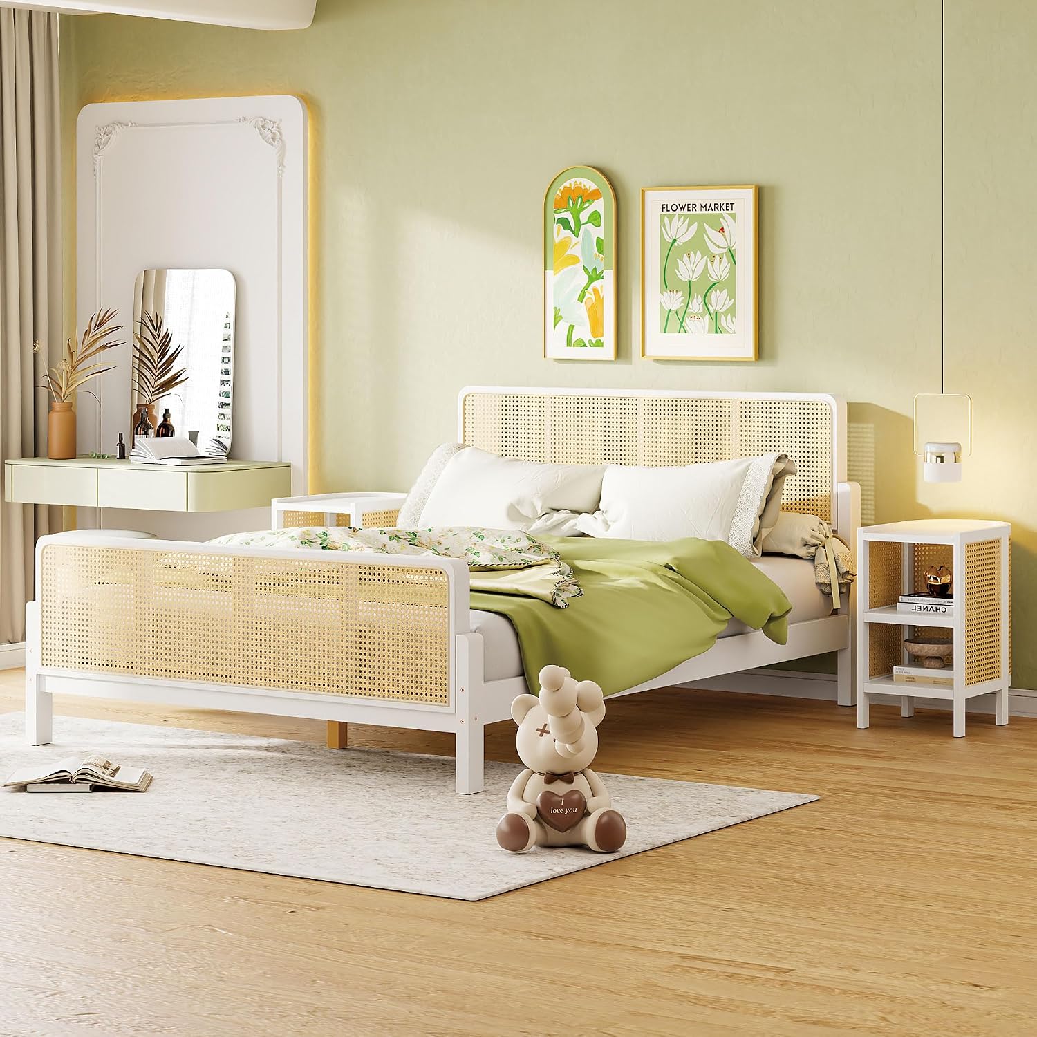 3-Pieces Bedroom Furniture Sets,Full Size Rattan Platform Bed with 2 Nightstands, Perfect for Teens Adults (White/Rattan, Full)
