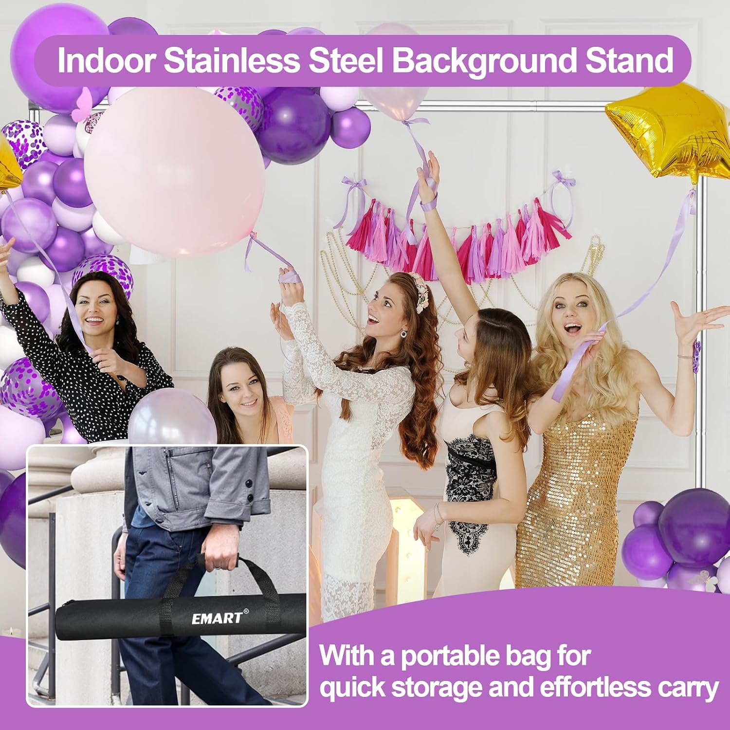 EMART Backdrop Stand Heavy Duty, 10x10Ft Pipe and Drape Backdrop Stand, Stable Background System Kit with 2 Metal Bases, 12 Stainless Steel Poles for Parties, Wedding, Birthday, Photography