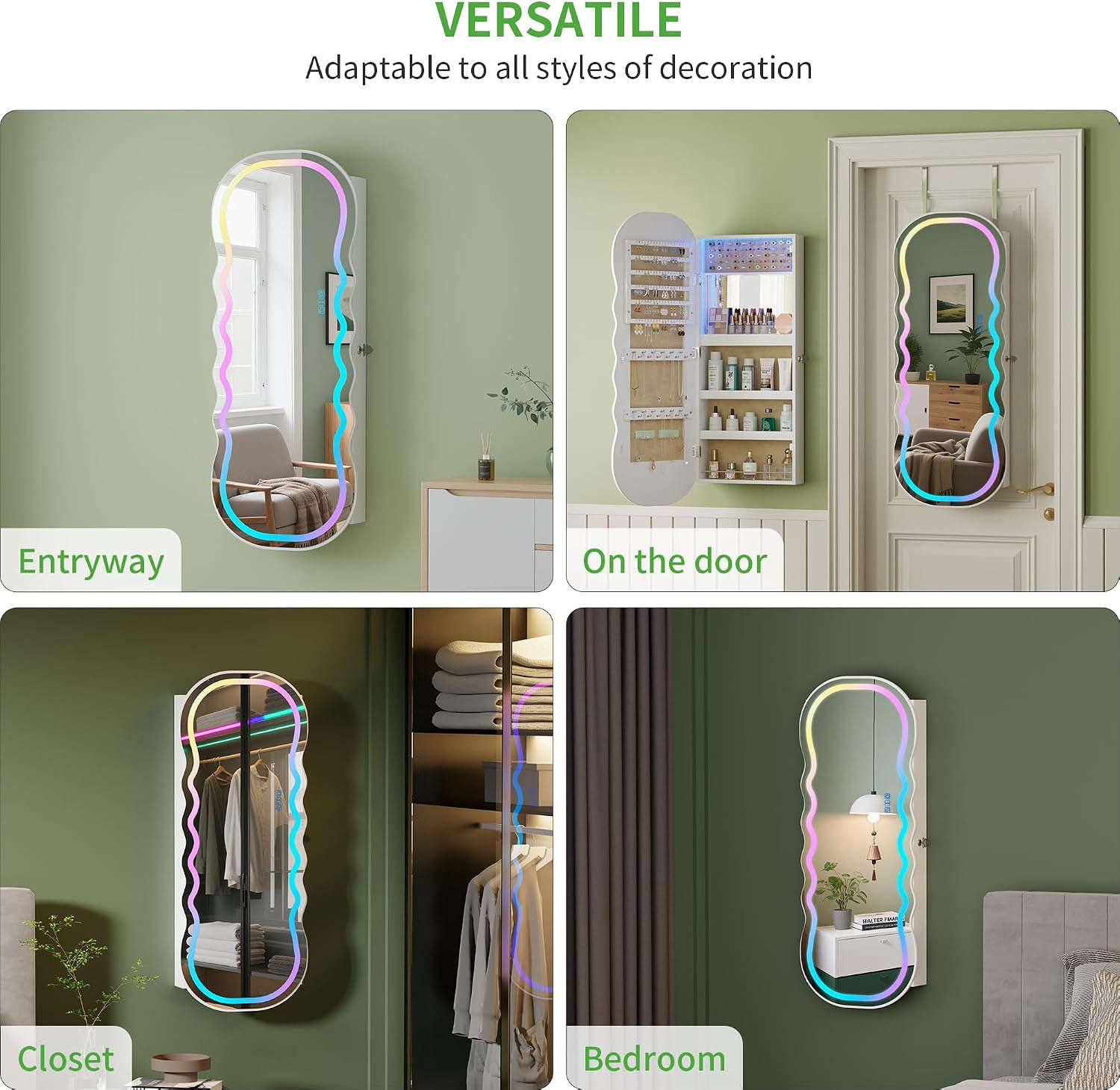 HNEBC LED Mirror Jewelry Cabinet with RGB Lights,42.5' Wall Mounted Jewelry Organizer with Full-Length Mirror,Over The Door Hanging Jewelry Armoire Storage Cabinet,Lockable,Wide Wavy Mirror